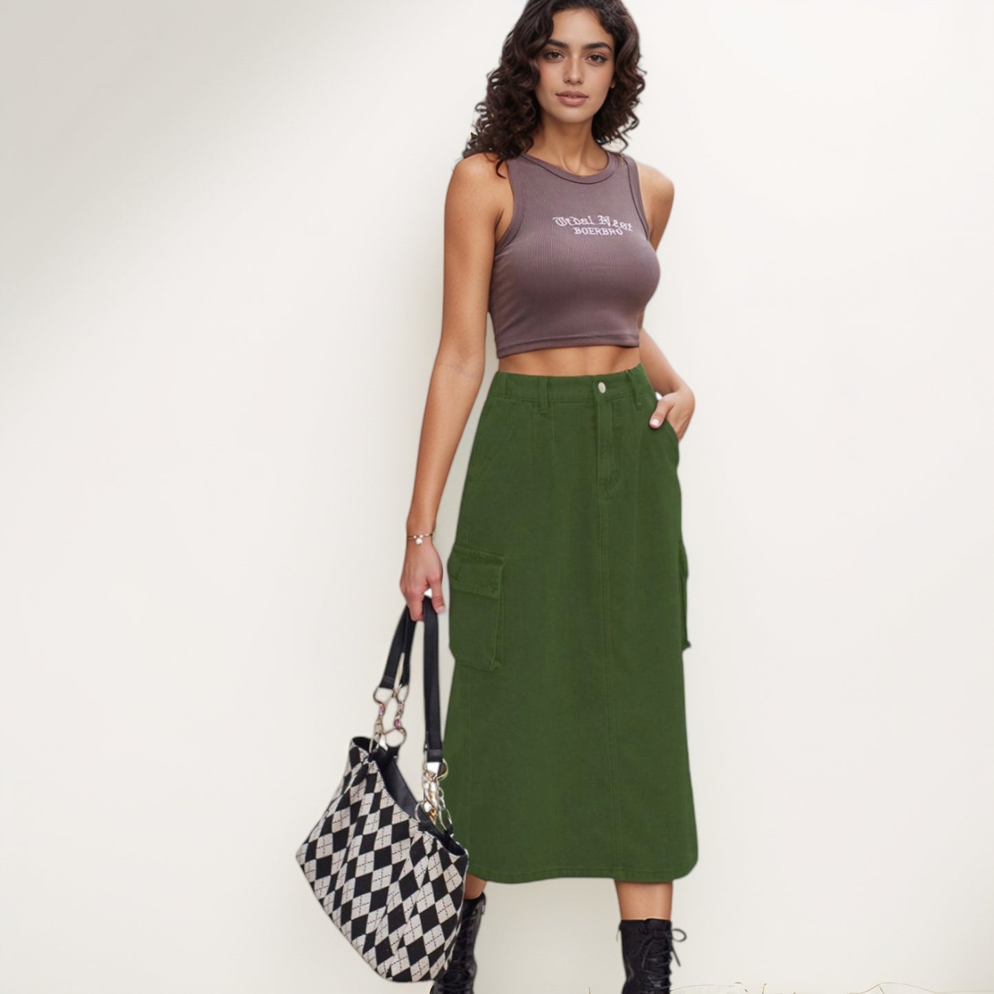 Anna-Kaci Women's Utility Midi Skirt with Side Cargo Pockets Button Waistband and Belt Loops