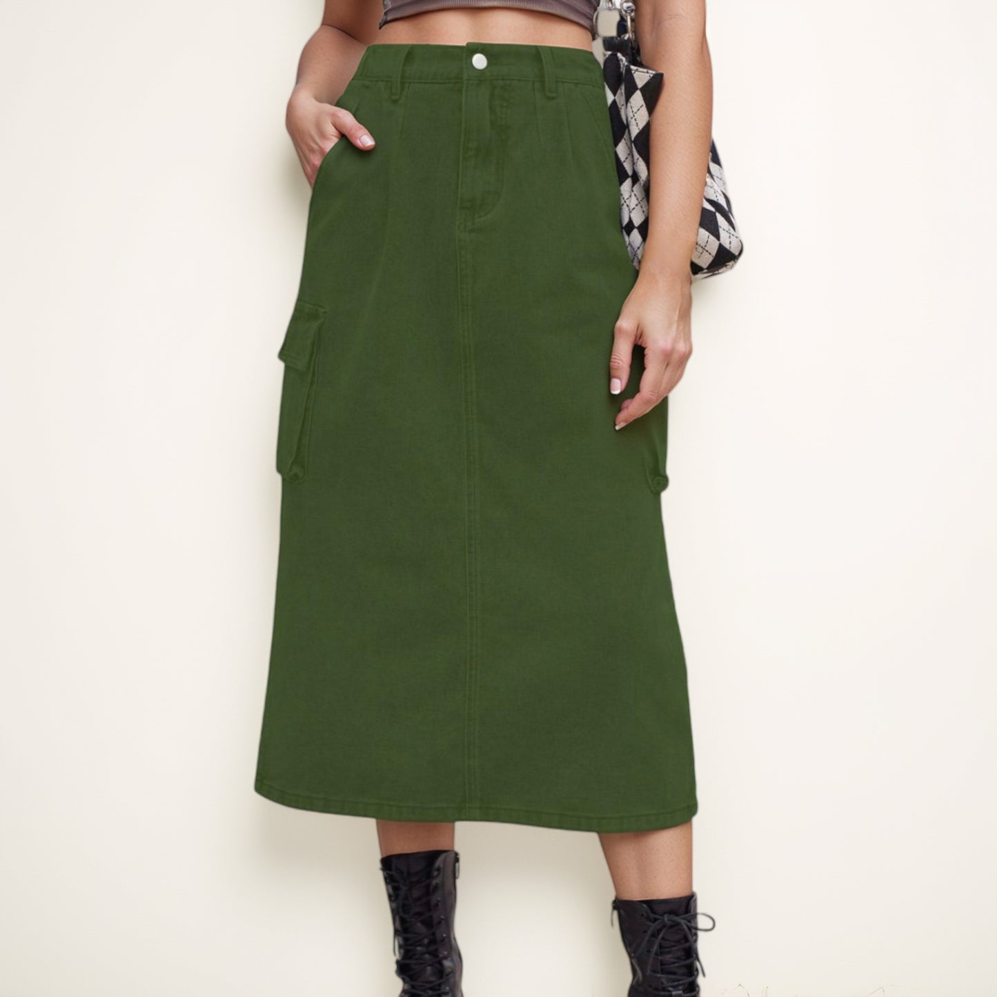 Anna-Kaci Women's Utility Midi Skirt with Side Cargo Pockets Button Waistband and Belt Loops