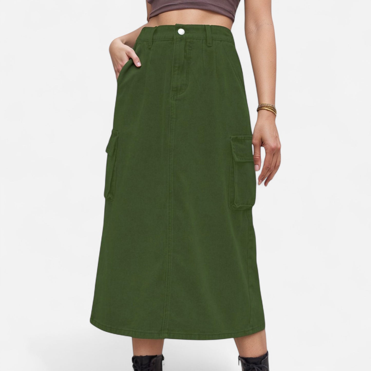 Anna-Kaci Women's Utility Midi Skirt with Side Cargo Pockets Button Waistband and Belt Loops
