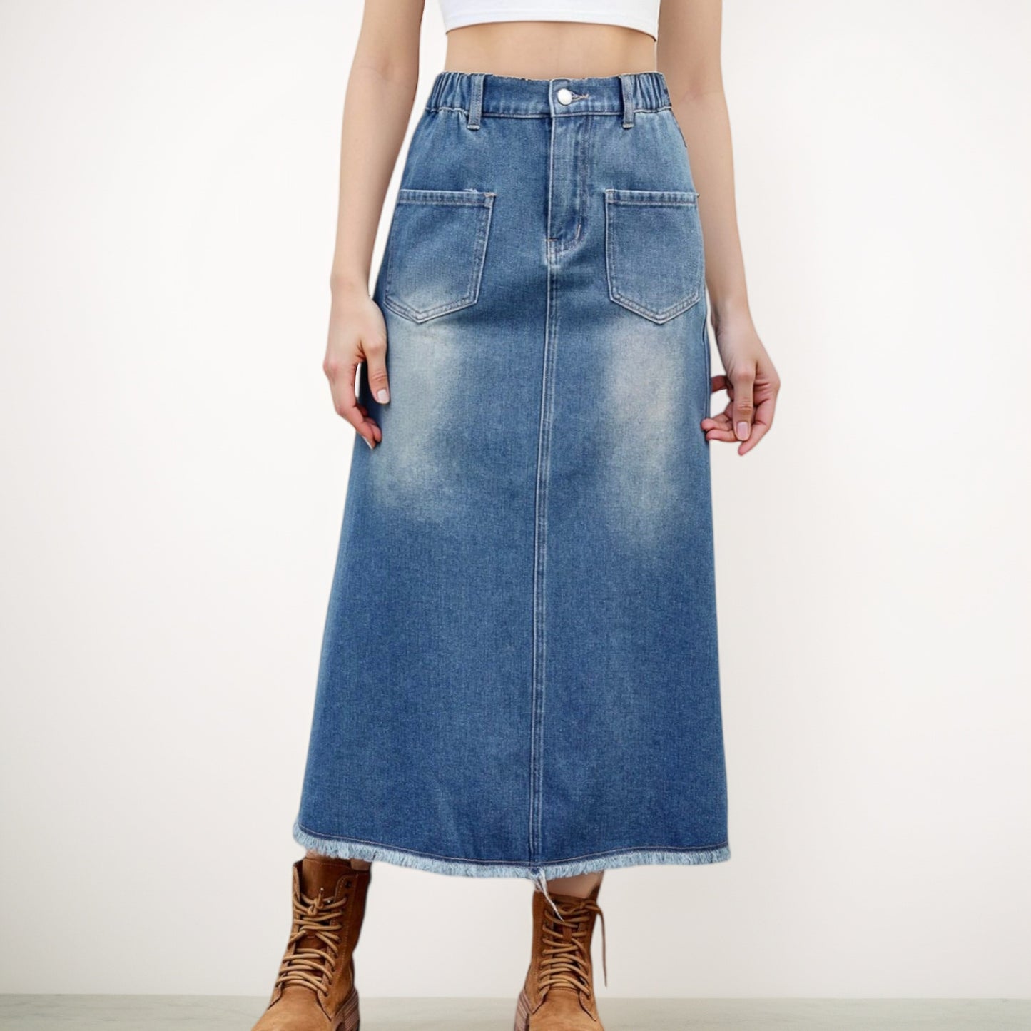 Anna-Kaci Women's High Waist A-Line Denim Maxi Skirt with Front Patch Pockets and Raw Hem Detail