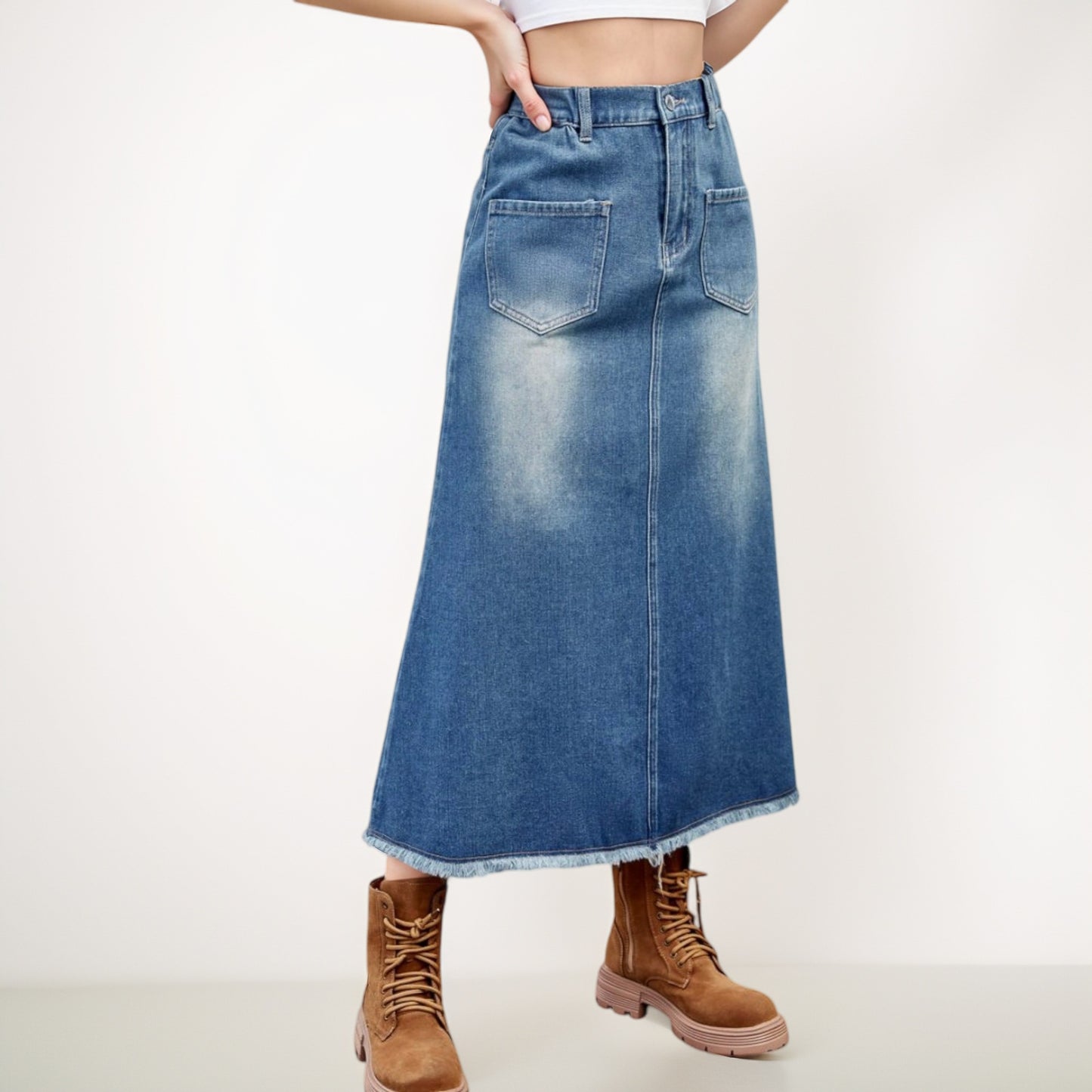 Anna-Kaci Women's High Waist A-Line Denim Maxi Skirt with Front Patch Pockets and Raw Hem Detail
