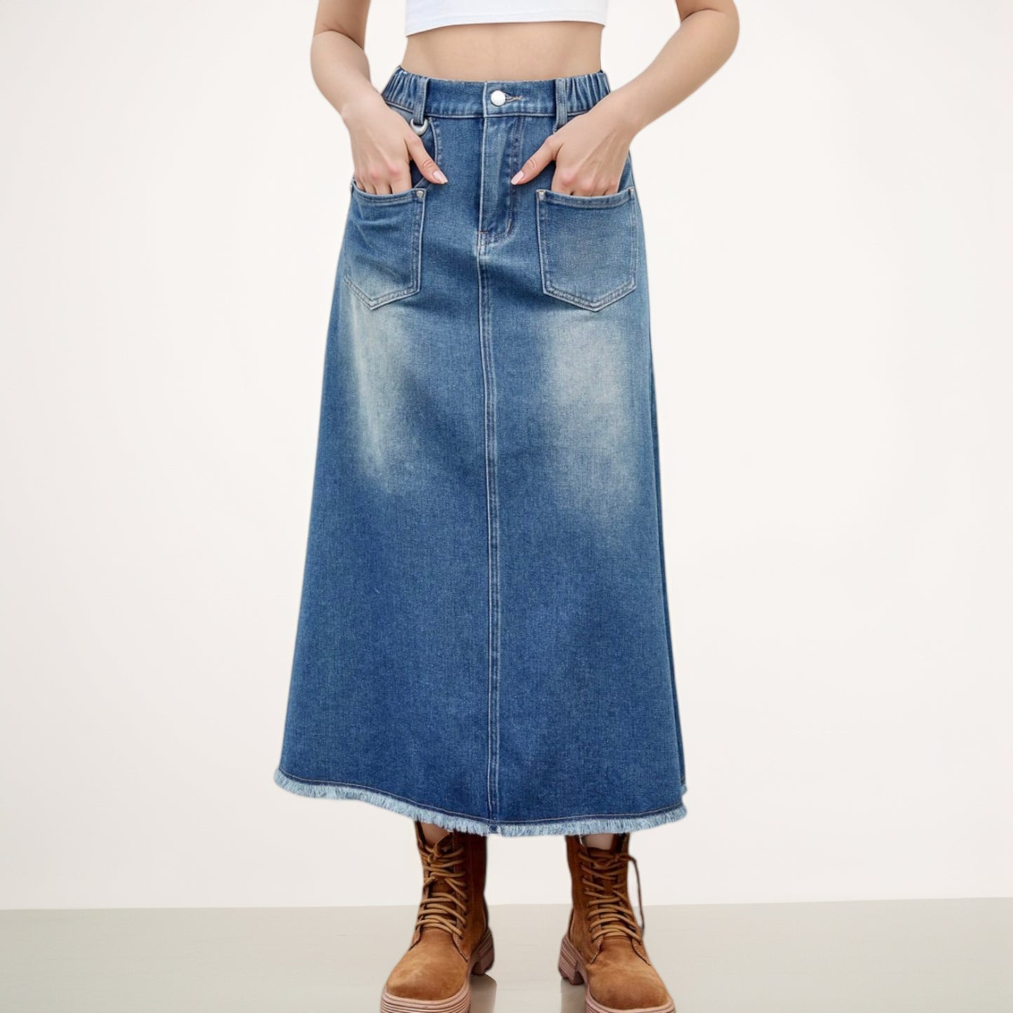 Anna-Kaci Women's High Waist A-Line Denim Maxi Skirt with Front Patch Pockets and Raw Hem Detail