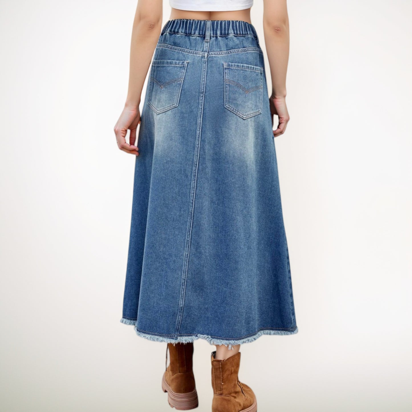 Anna-Kaci Women's High Waist A-Line Denim Maxi Skirt with Front Patch Pockets and Raw Hem Detail