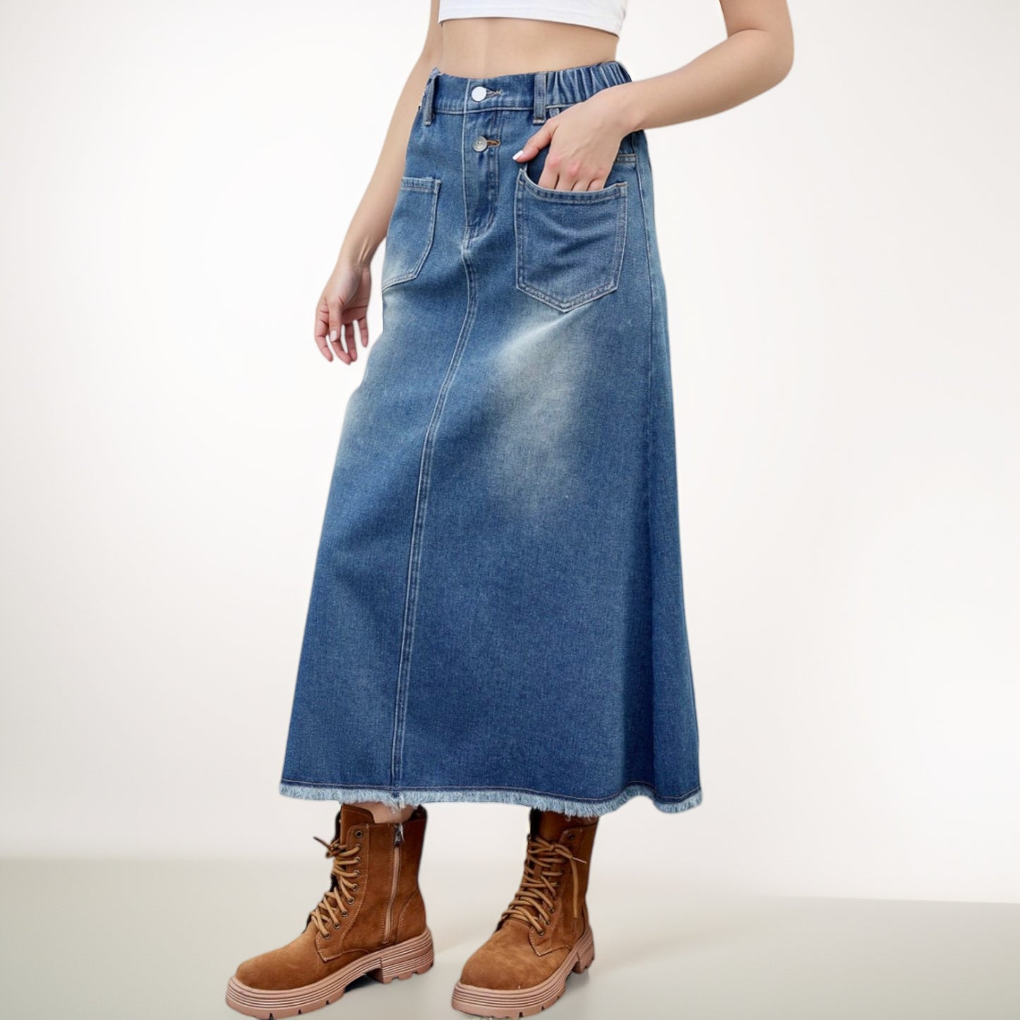 Anna-Kaci Women's High Waist A-Line Denim Maxi Skirt with Front Patch Pockets and Raw Hem Detail