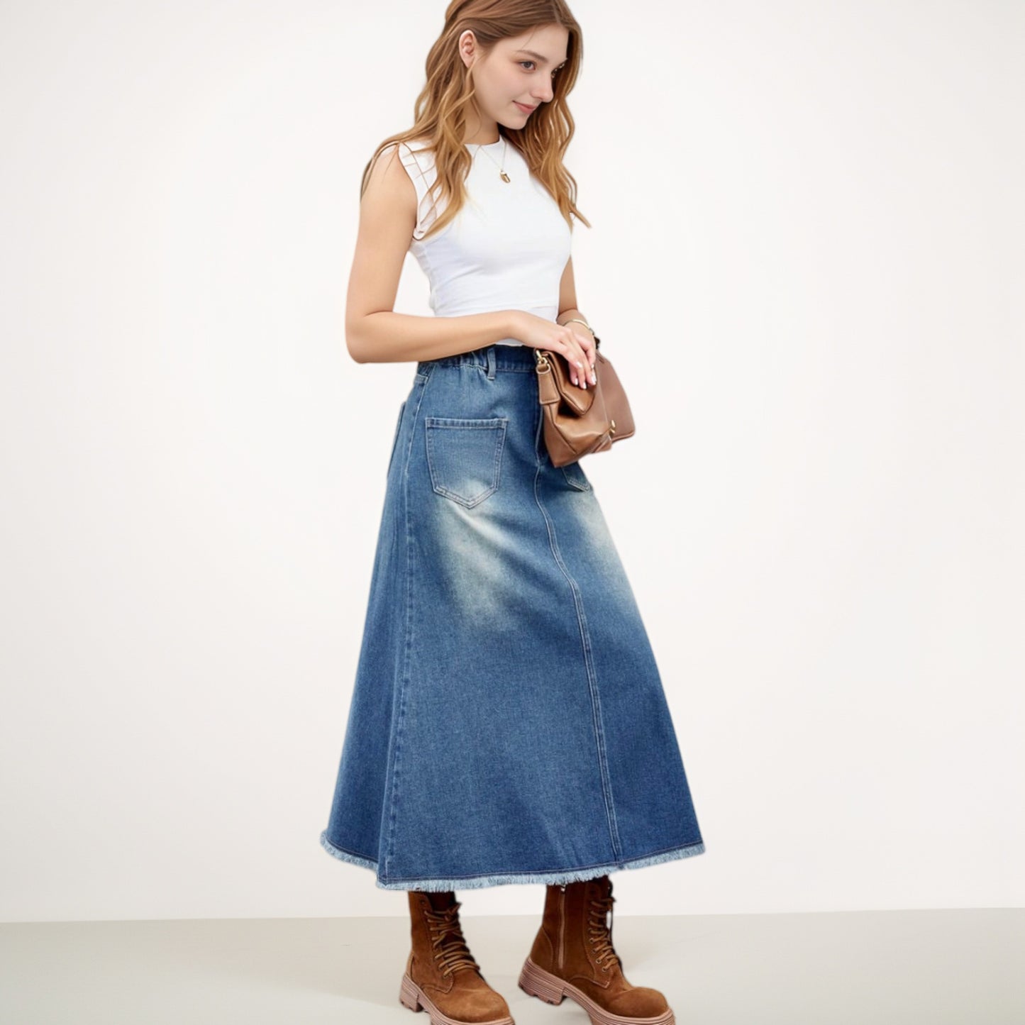 Anna-Kaci Women's High Waist A-Line Denim Maxi Skirt with Front Patch Pockets and Raw Hem Detail