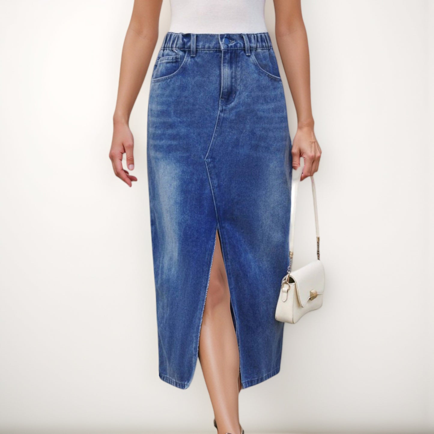 Anna-Kaci Women's High Waist Denim Midi Skirt with Front Slit Detail and Faded Wash Finish