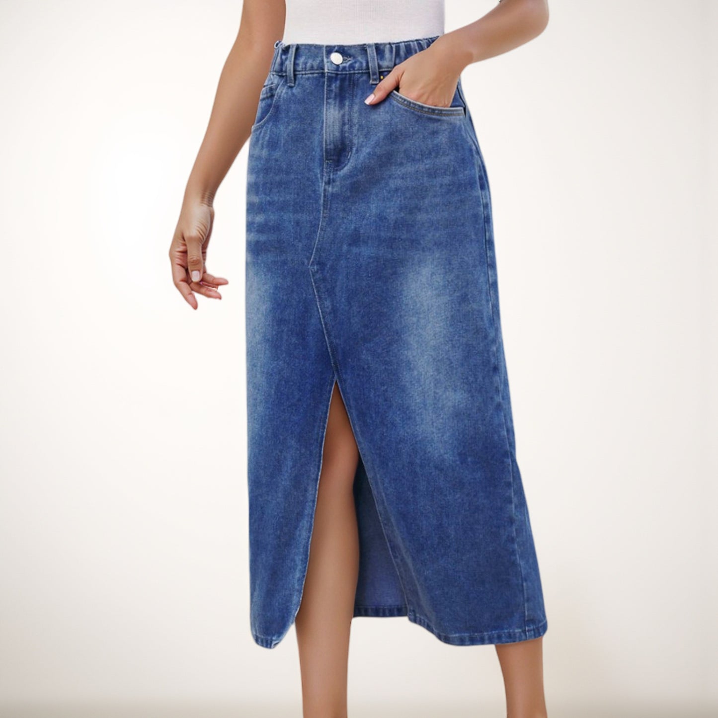 Anna-Kaci Women's High Waist Denim Midi Skirt with Front Slit Detail and Faded Wash Finish