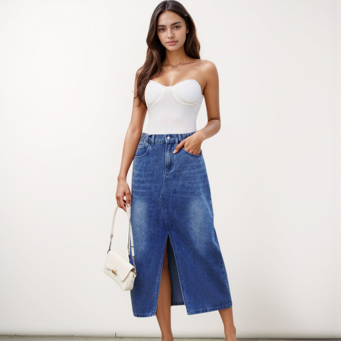 Anna-Kaci Women's High Waist Denim Midi Skirt with Front Slit Detail and Faded Wash Finish