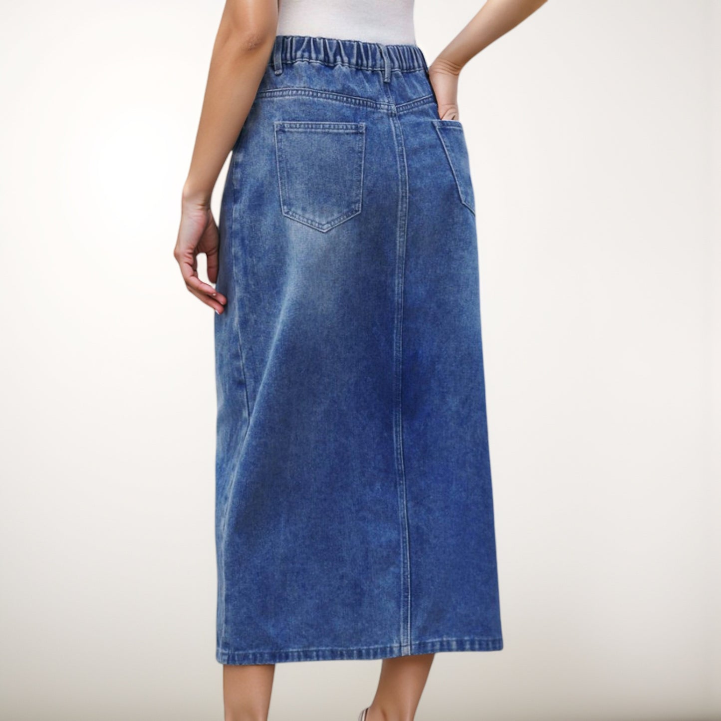 Anna-Kaci Women's High Waist Denim Midi Skirt with Front Slit Detail and Faded Wash Finish
