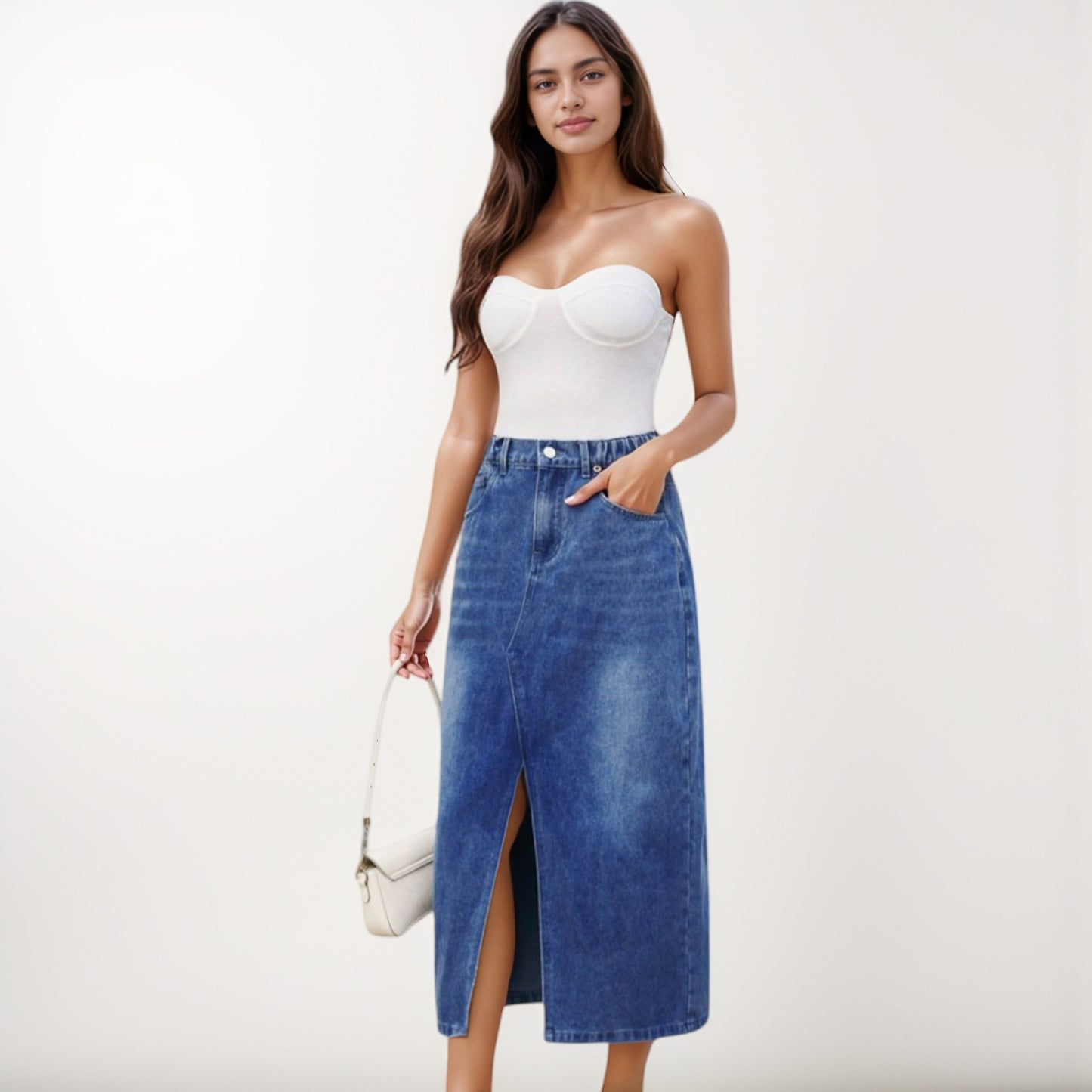 Anna-Kaci Women's High Waist Denim Midi Skirt with Front Slit Detail and Faded Wash Finish