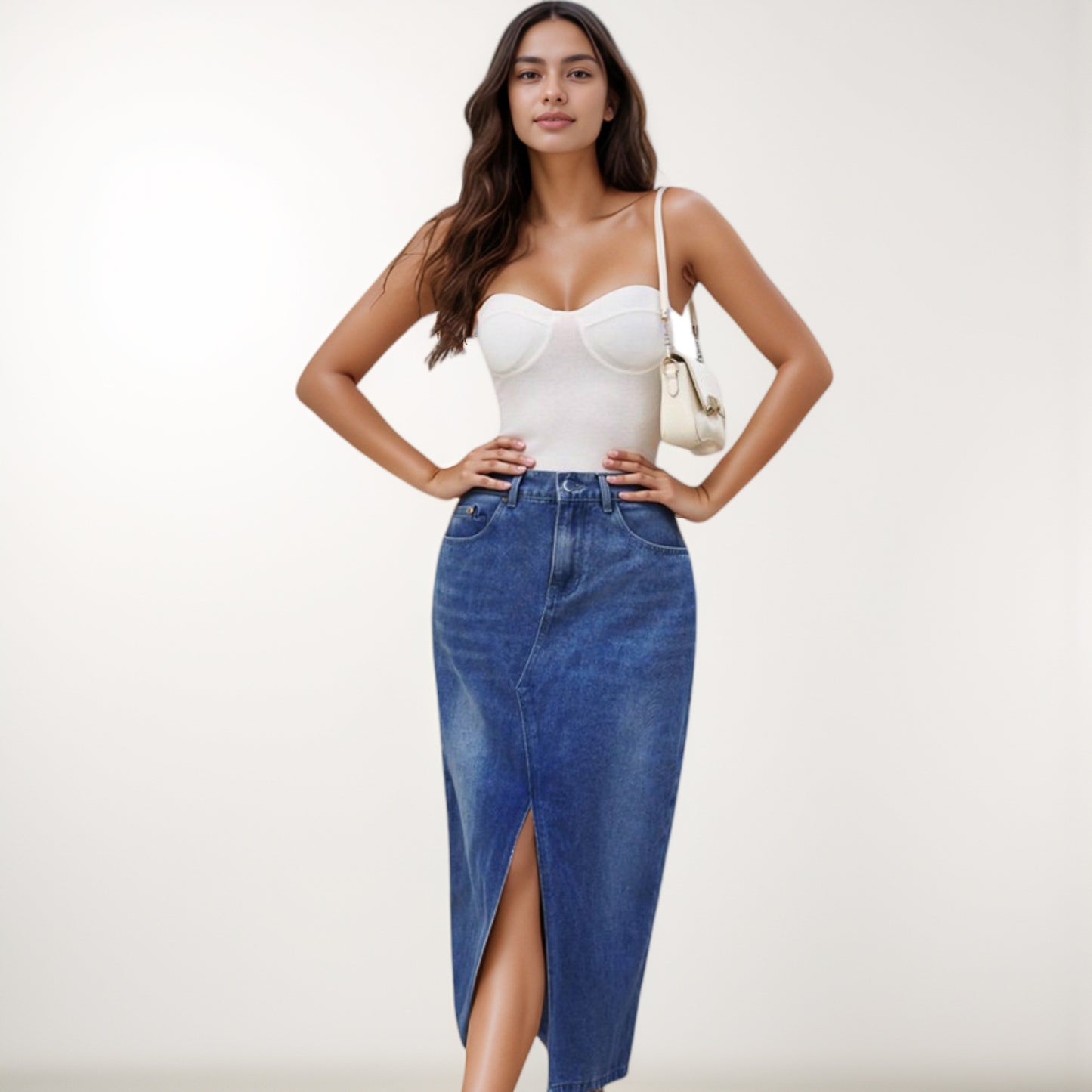 Anna-Kaci Women's High Waist Denim Midi Skirt with Front Slit Detail and Faded Wash Finish