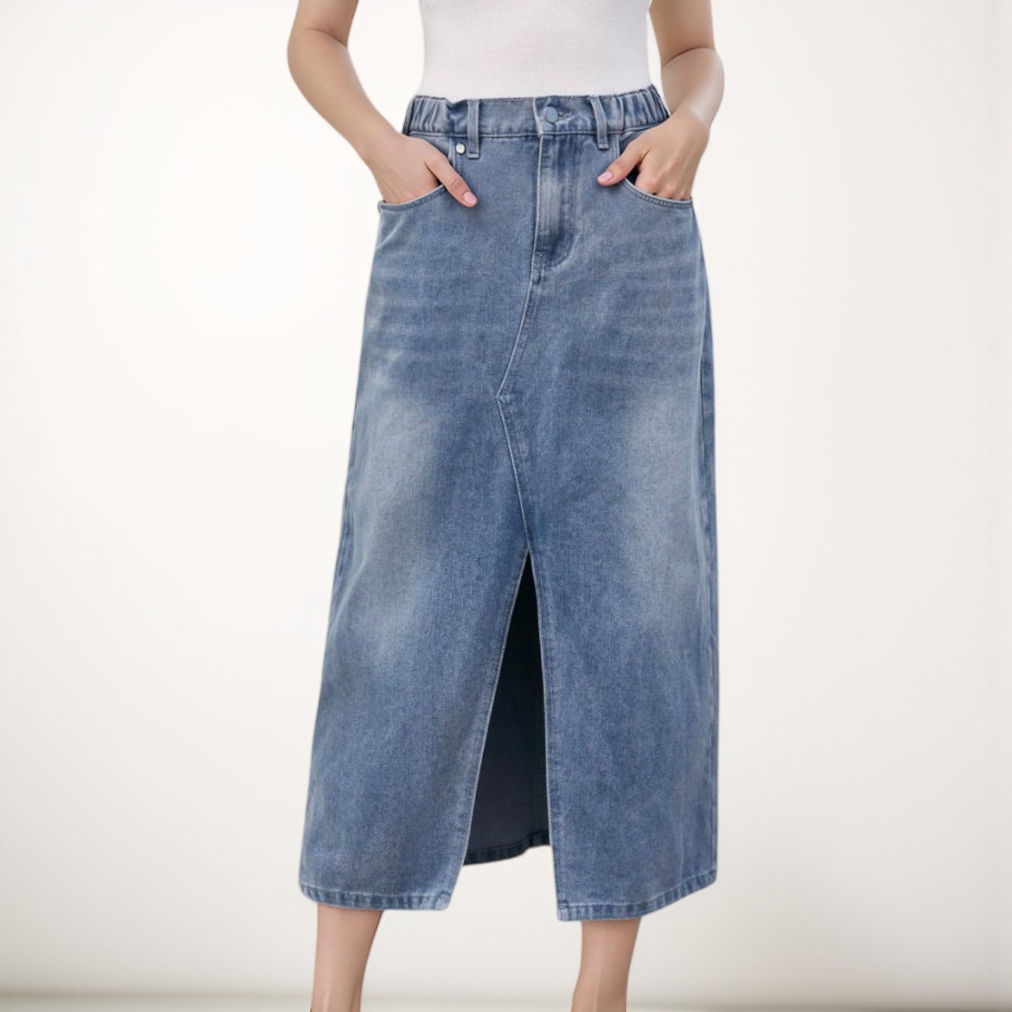 Anna-Kaci Women's High Waist Denim Midi Skirt with Front Slit Detail and Faded Wash Finish