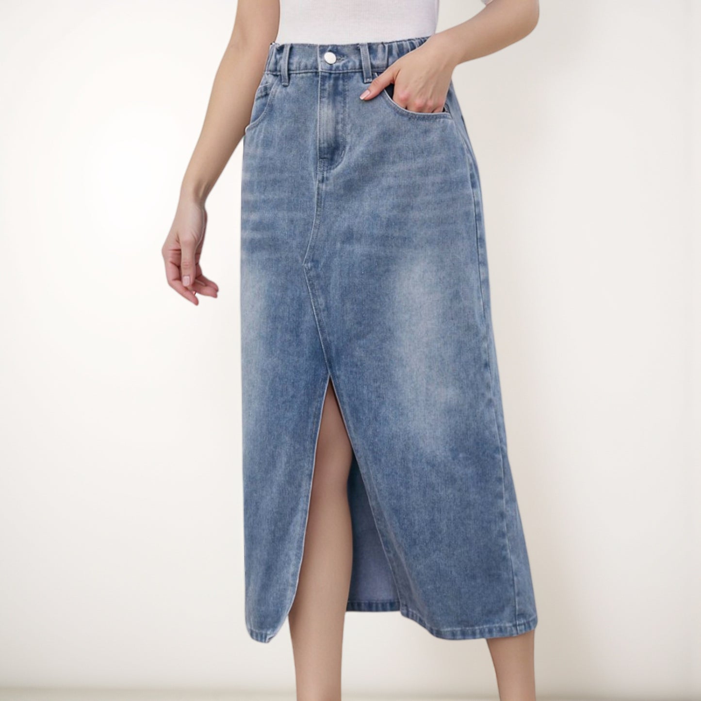 Anna-Kaci Women's High Waist Denim Midi Skirt with Front Slit Detail and Faded Wash Finish