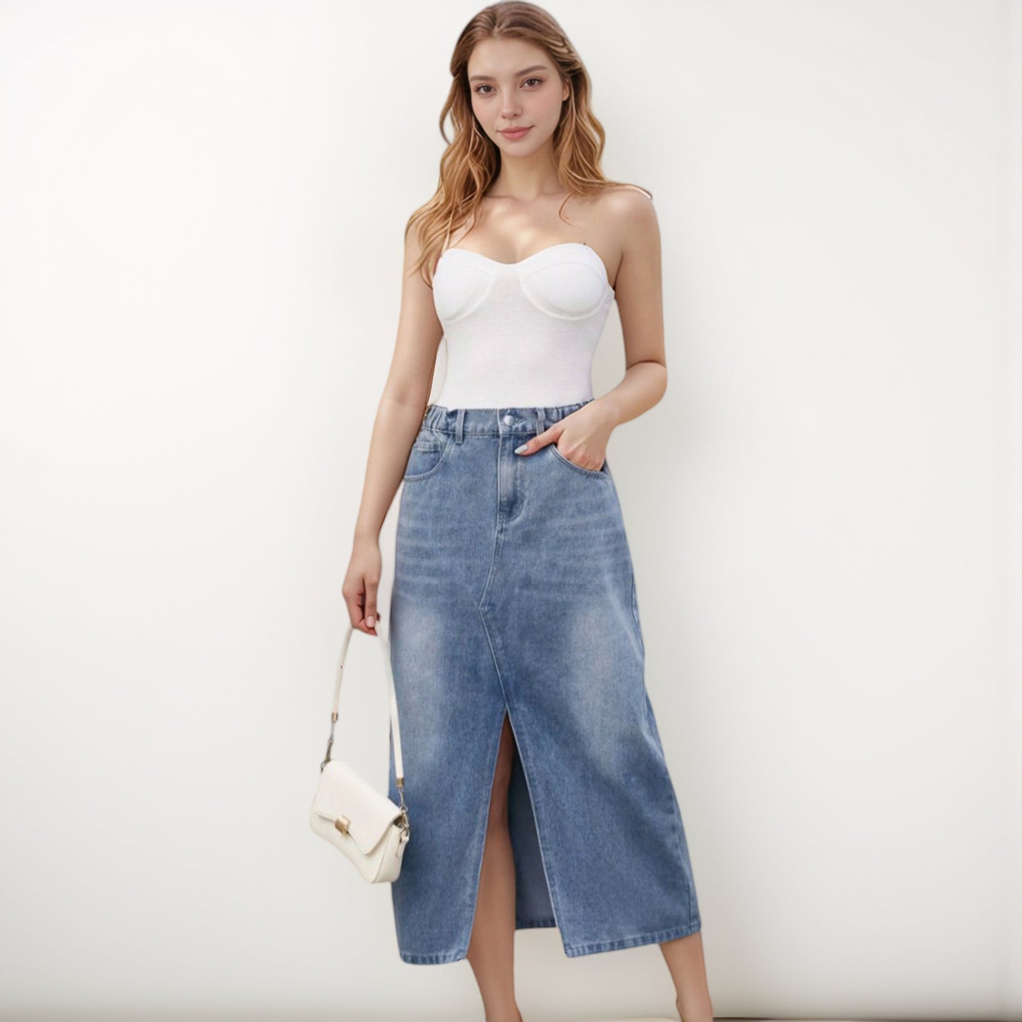 Anna-Kaci Women's High Waist Denim Midi Skirt with Front Slit Detail and Faded Wash Finish