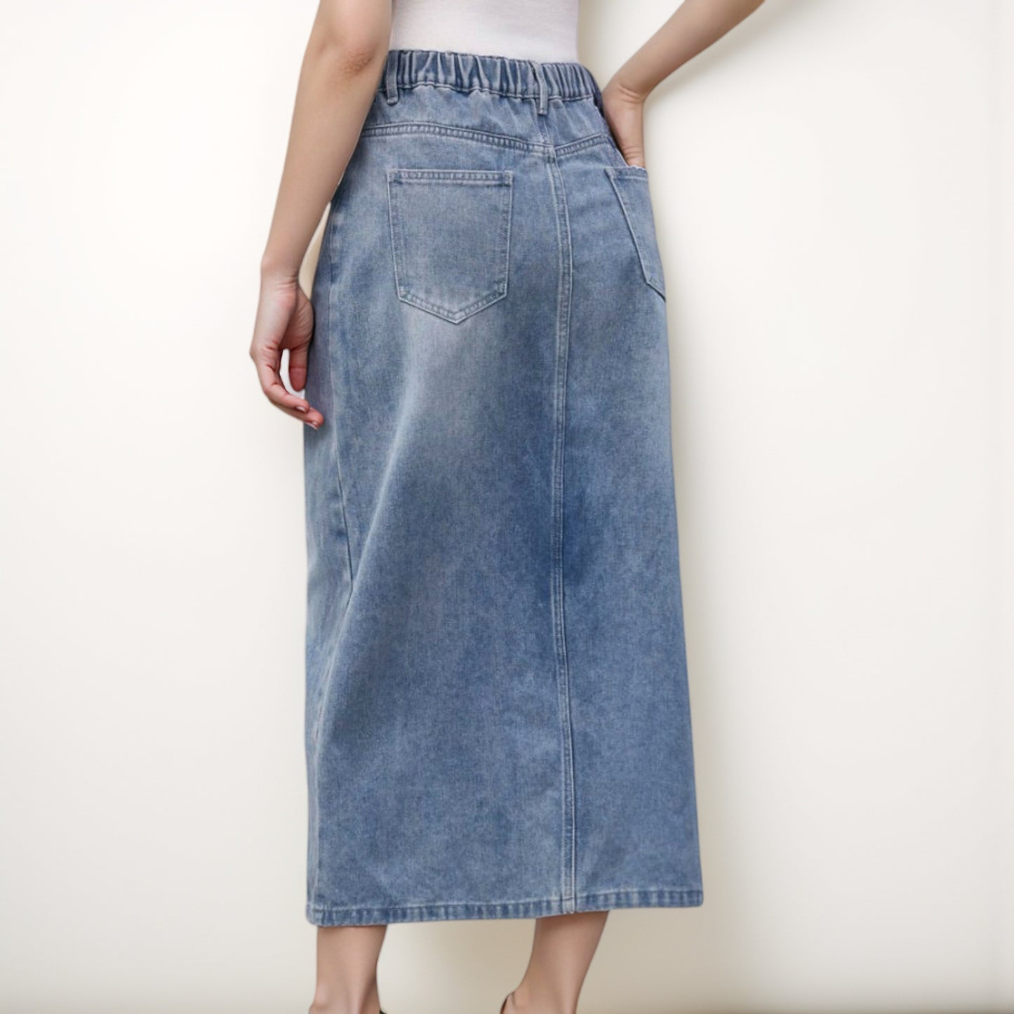 Anna-Kaci Women's High Waist Denim Midi Skirt with Front Slit Detail and Faded Wash Finish