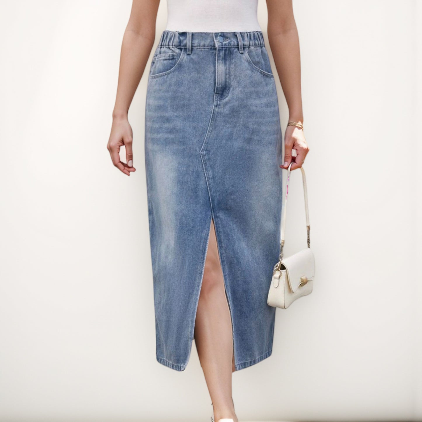 Anna-Kaci Women's High Waist Denim Midi Skirt with Front Slit Detail and Faded Wash Finish