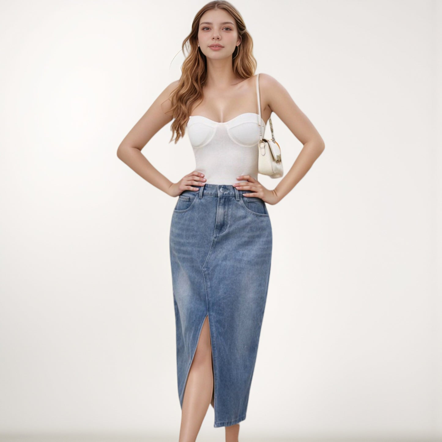 Anna-Kaci Women's High Waist Denim Midi Skirt with Front Slit Detail and Faded Wash Finish