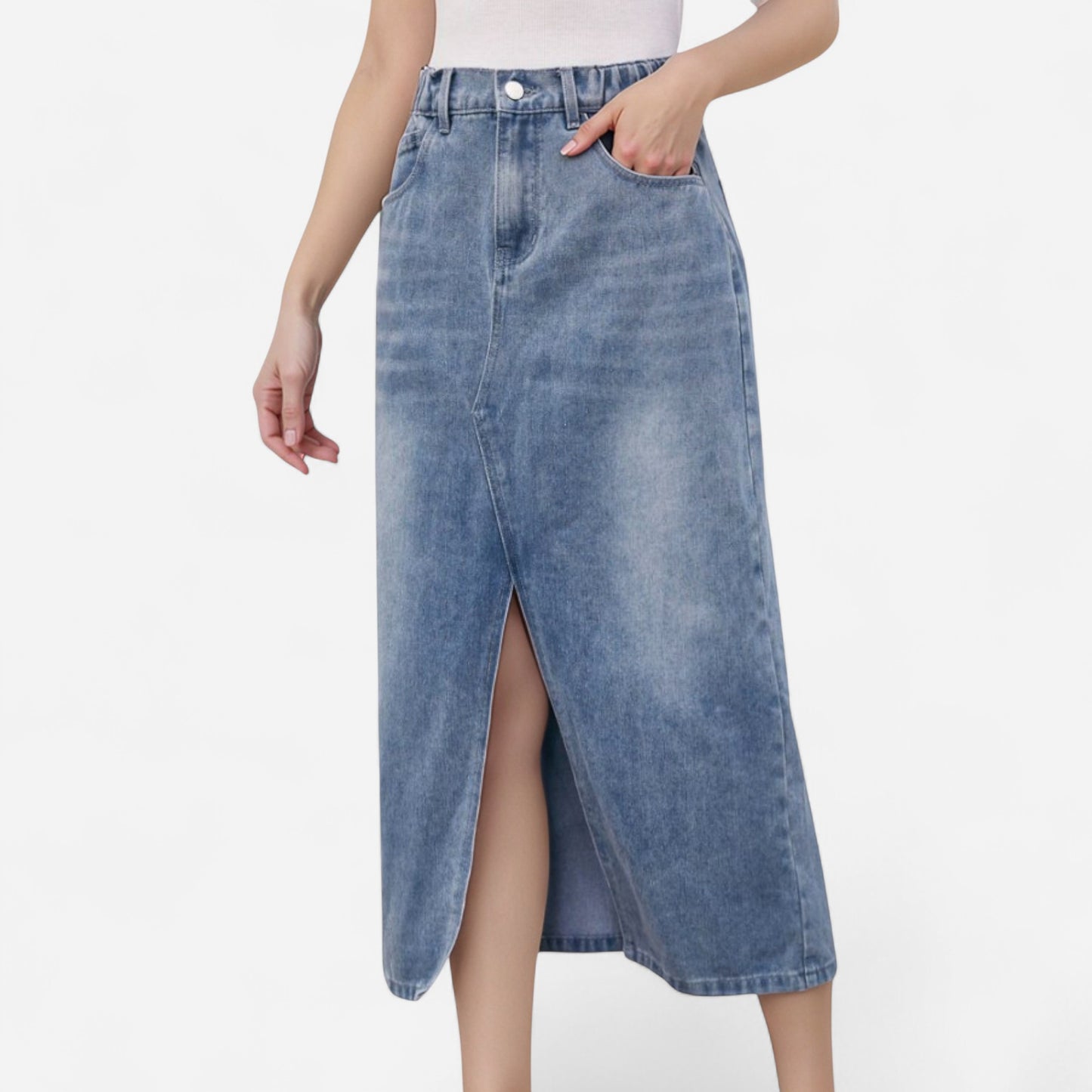 Anna-Kaci Women's High Waist Denim Midi Skirt with Front Slit Detail and Faded Wash Finish