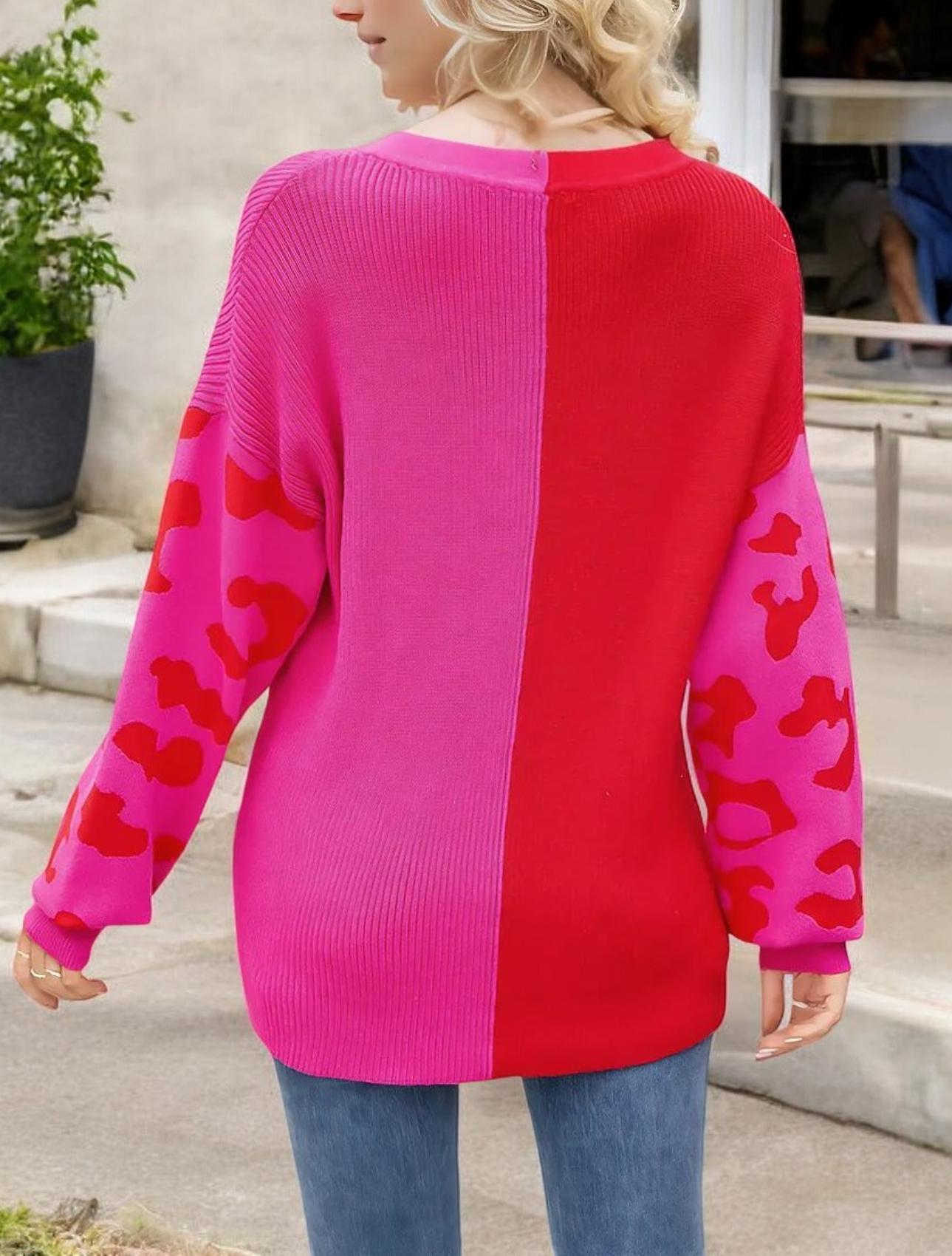 Color Block V-Neck Sweater with Heart Patterned Sleeves and Oversized Fit