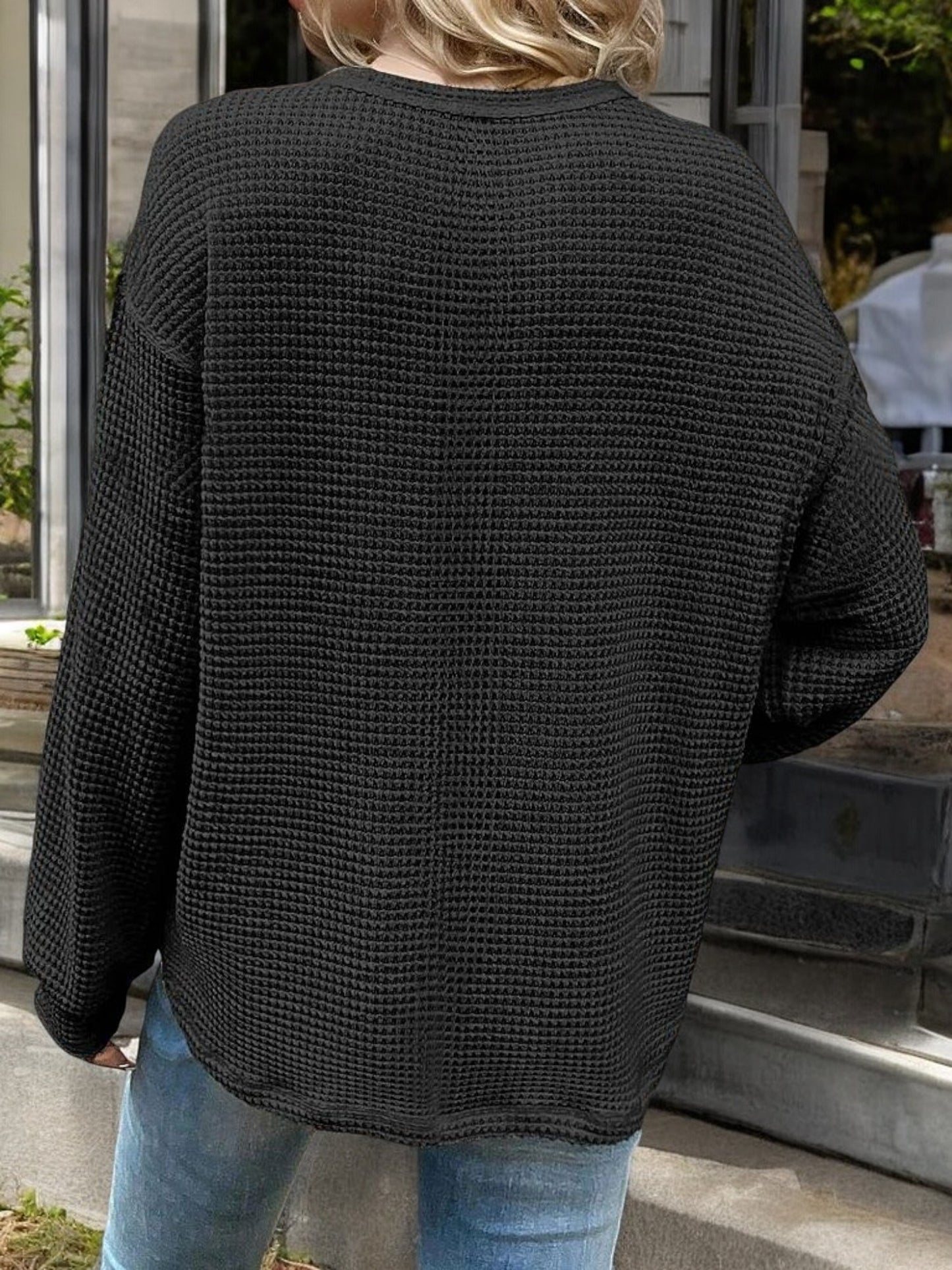Waffle Knit Long Sleeve Top with Front Pocket and Relaxed Fit