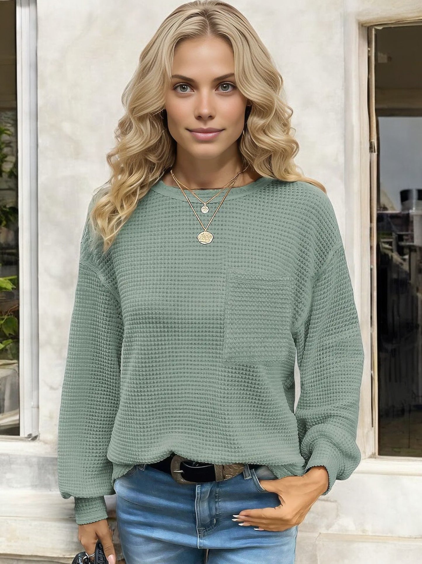 Waffle Knit Long Sleeve Top with Front Pocket and Relaxed Fit