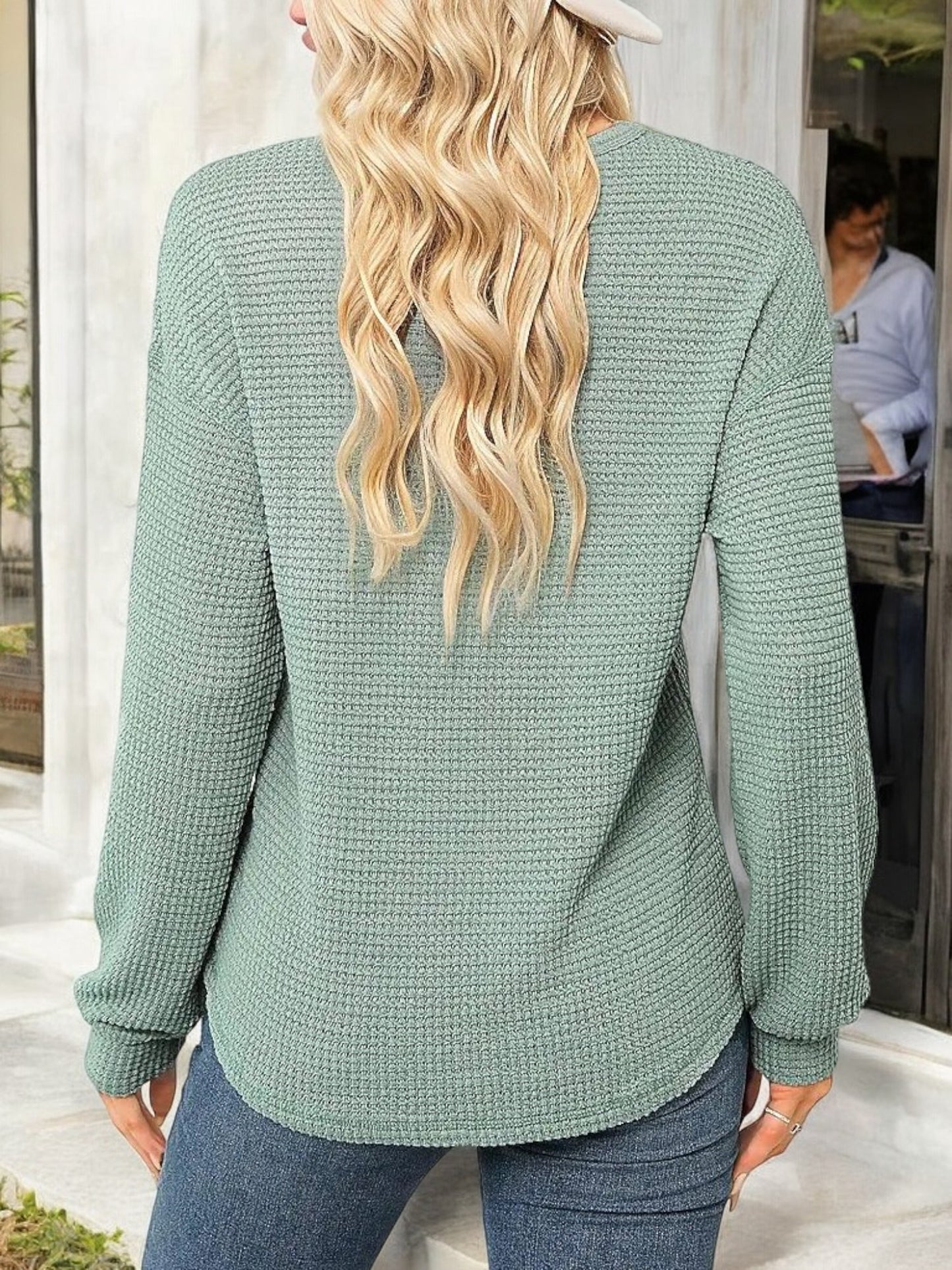 Waffle Knit Long Sleeve Top with Front Pocket and Relaxed Fit