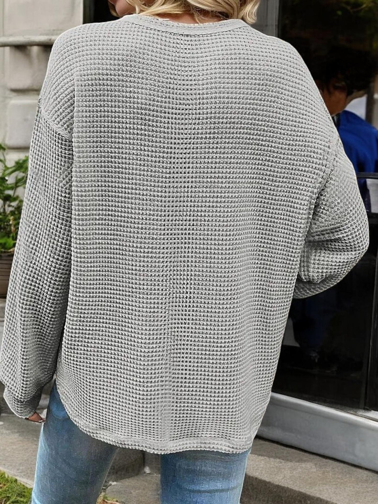 Waffle Knit Long Sleeve Top with Front Pocket and Relaxed Fit