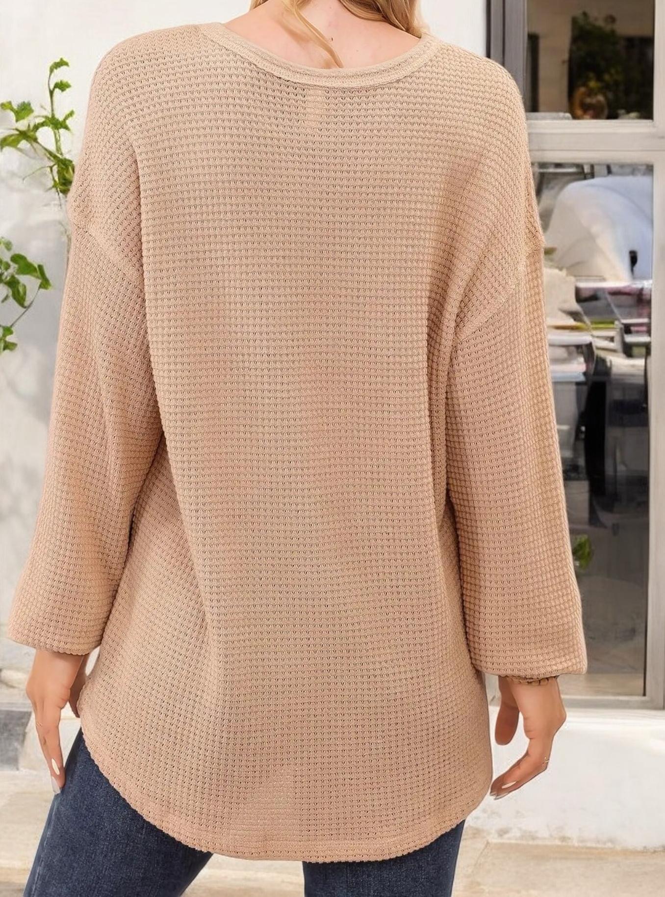 Waffle Knit Long Sleeve Top with Front Pocket and Relaxed Fit