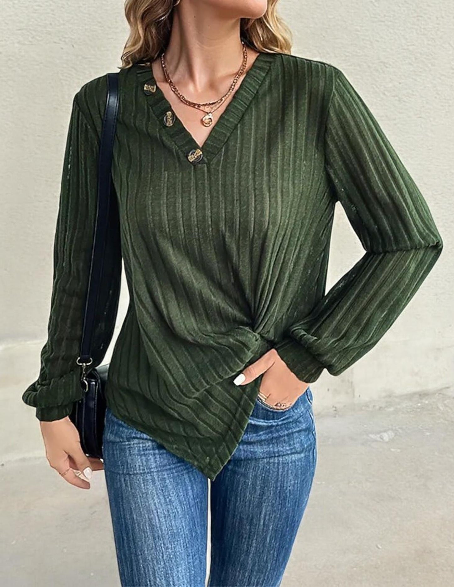Textured V-Neck Top with Button Detail and Front Twist Knot