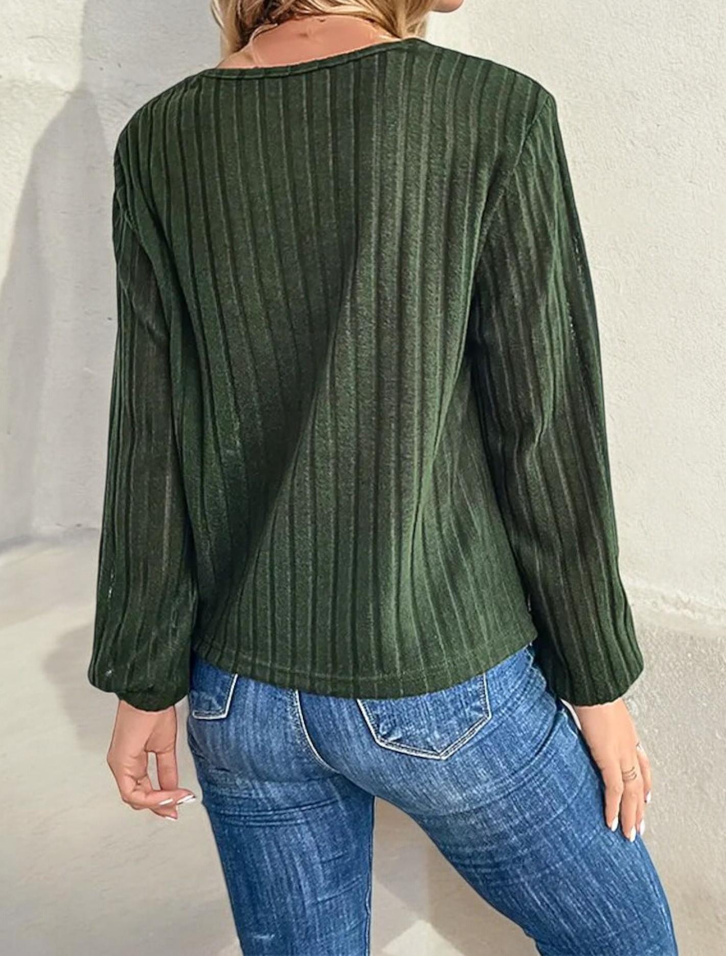 Textured V-Neck Top with Button Detail and Front Twist Knot