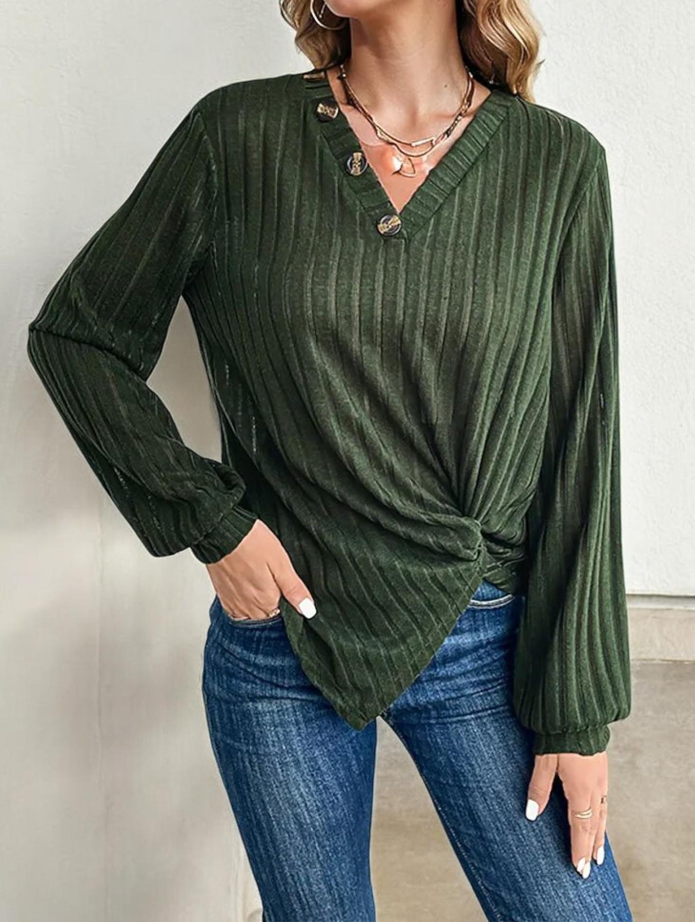 Textured V-Neck Top with Button Detail and Front Twist Knot