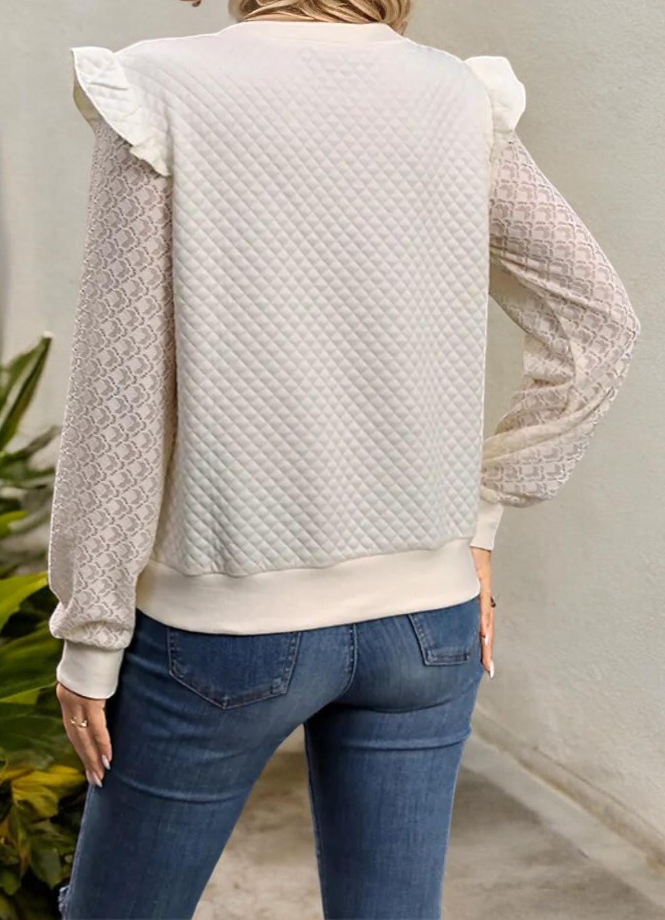 Quilted V-Neck Top with Lace Sleeves and Ruffle Shoulder Detail