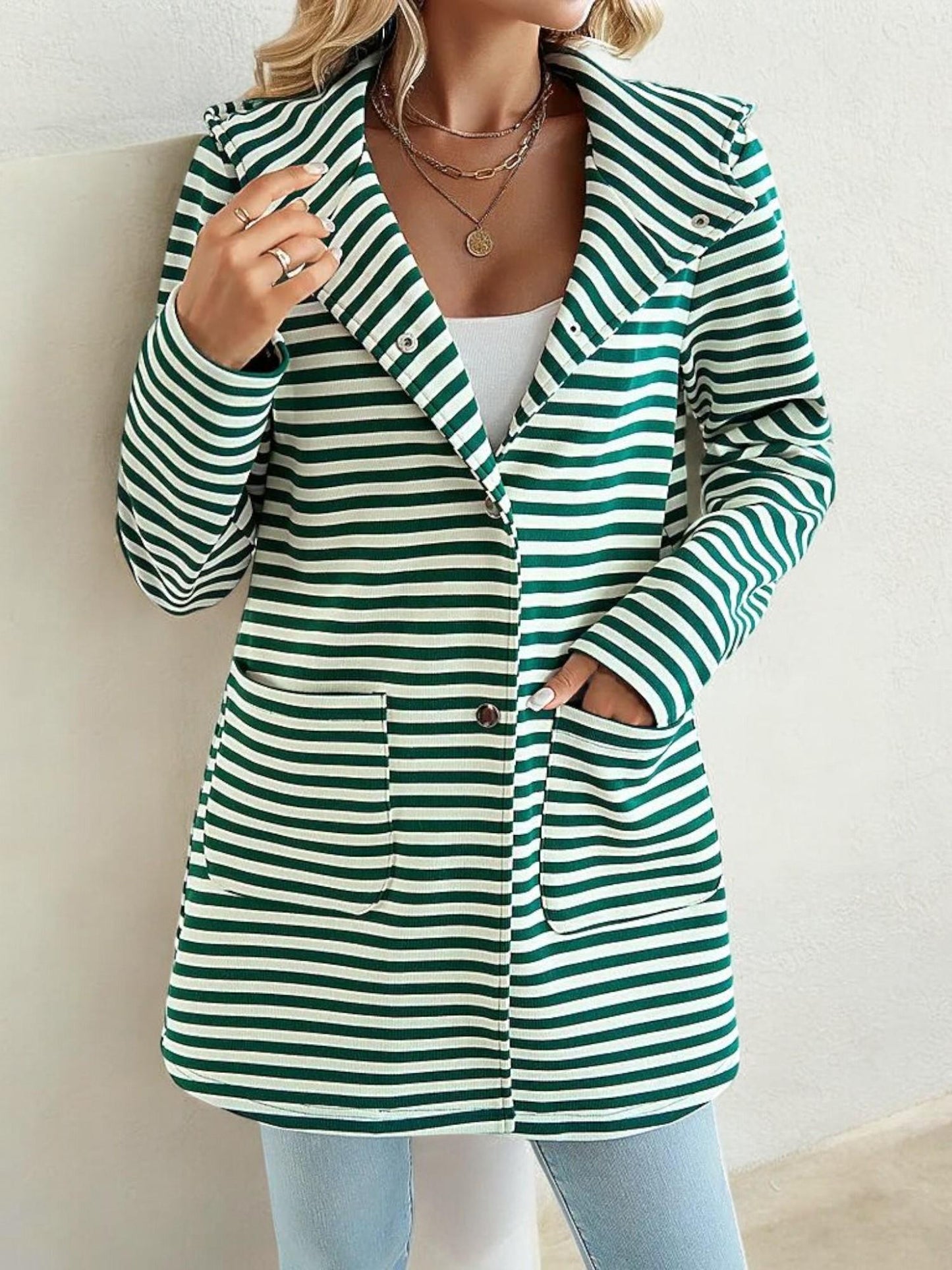 Striped Open-Front Blazer with Notched Lapel and Pockets
