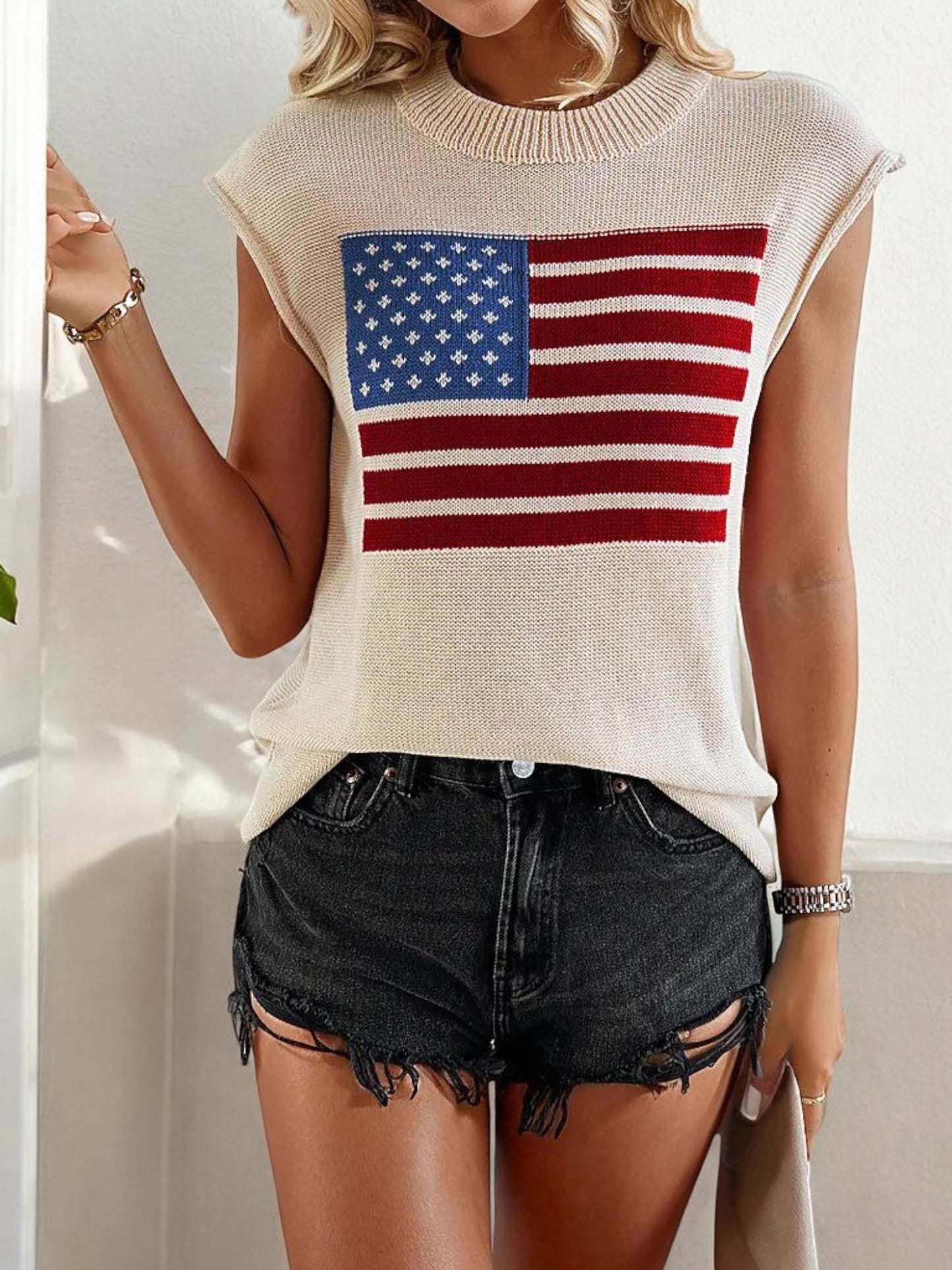 Sleeveless Knit Top with American Flag Graphic and Ribbed Trim