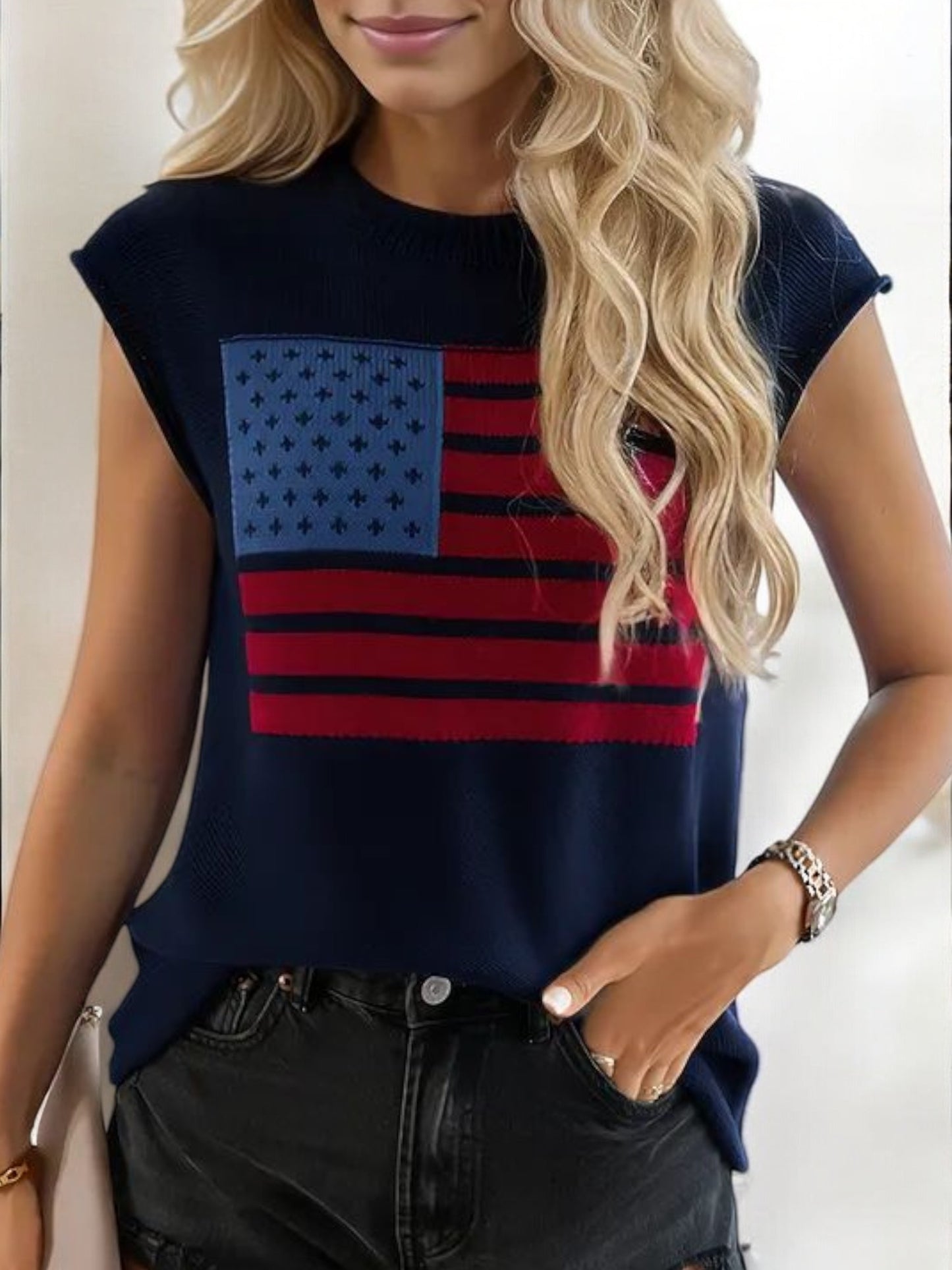 Sleeveless Knit Top with American Flag Graphic and Ribbed Trim