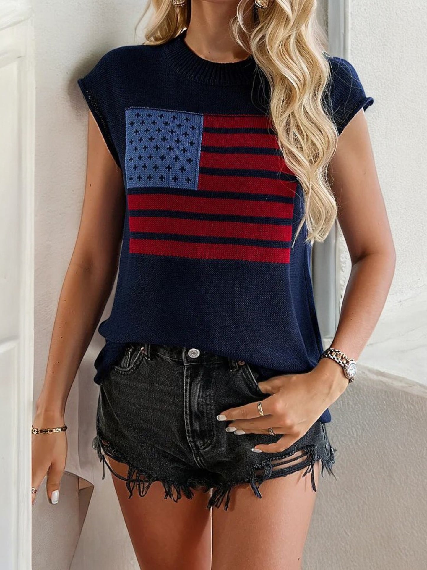 Sleeveless Knit Top with American Flag Graphic and Ribbed Trim