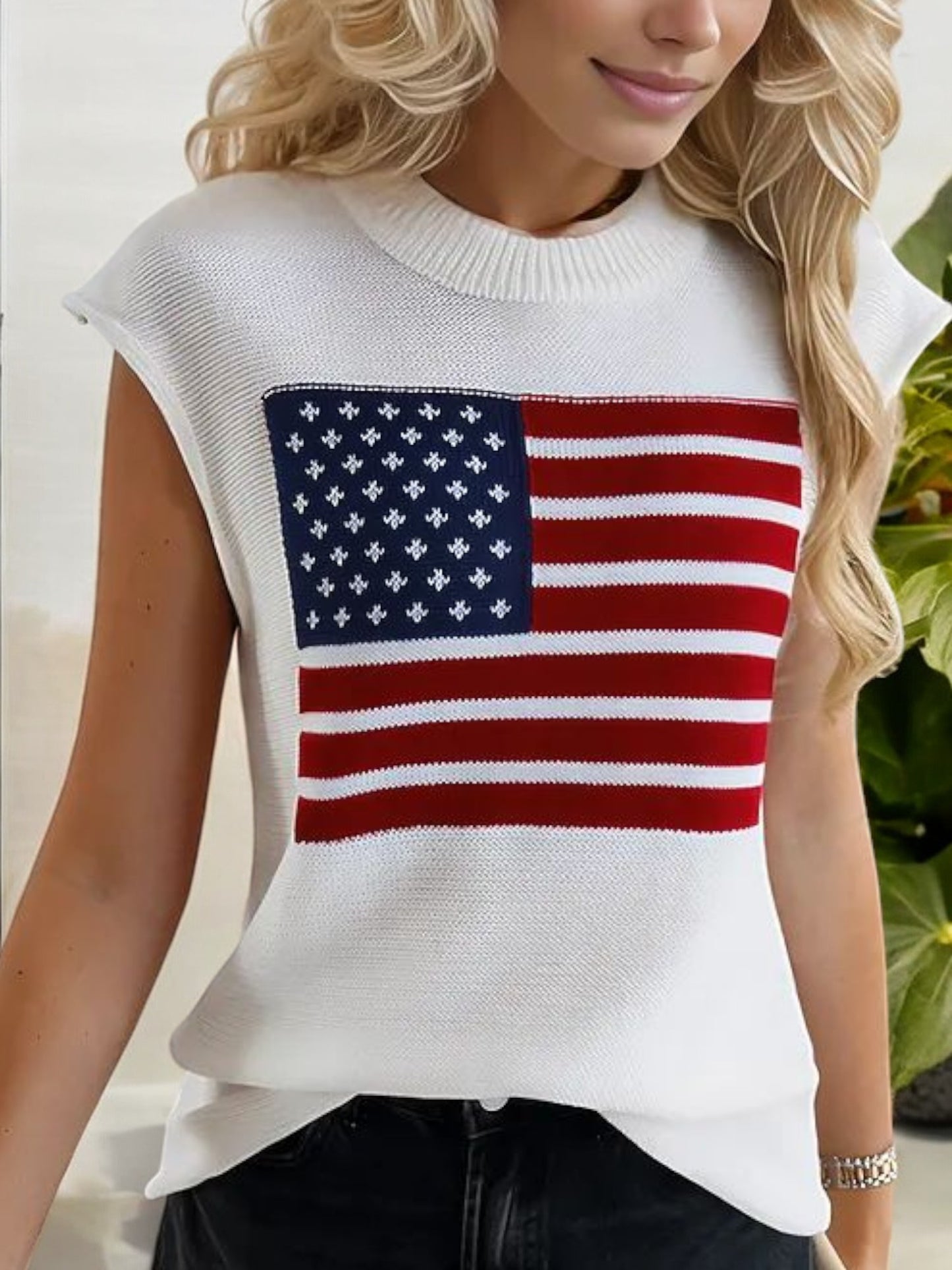 Sleeveless Knit Top with American Flag Graphic and Ribbed Trim