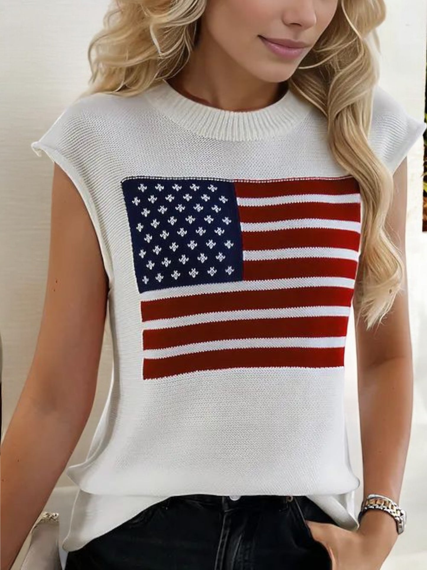 Sleeveless Knit Top with American Flag Graphic and Ribbed Trim