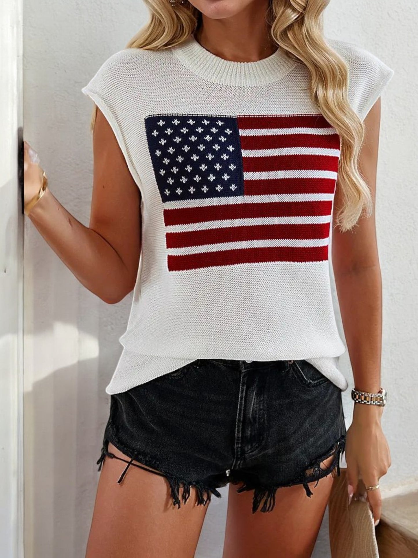 Sleeveless Knit Top with American Flag Graphic and Ribbed Trim