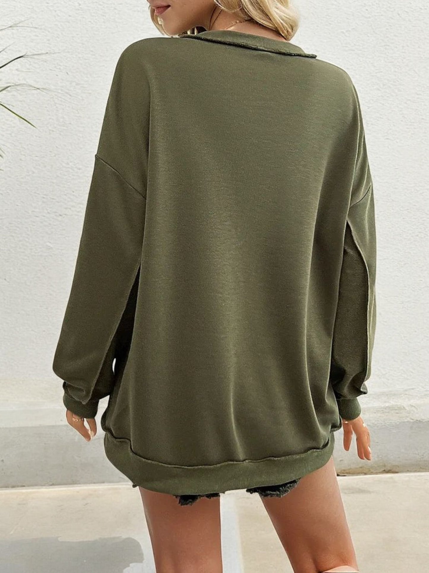 Long Sleeve Henley Top with Button Placket and Side Slits