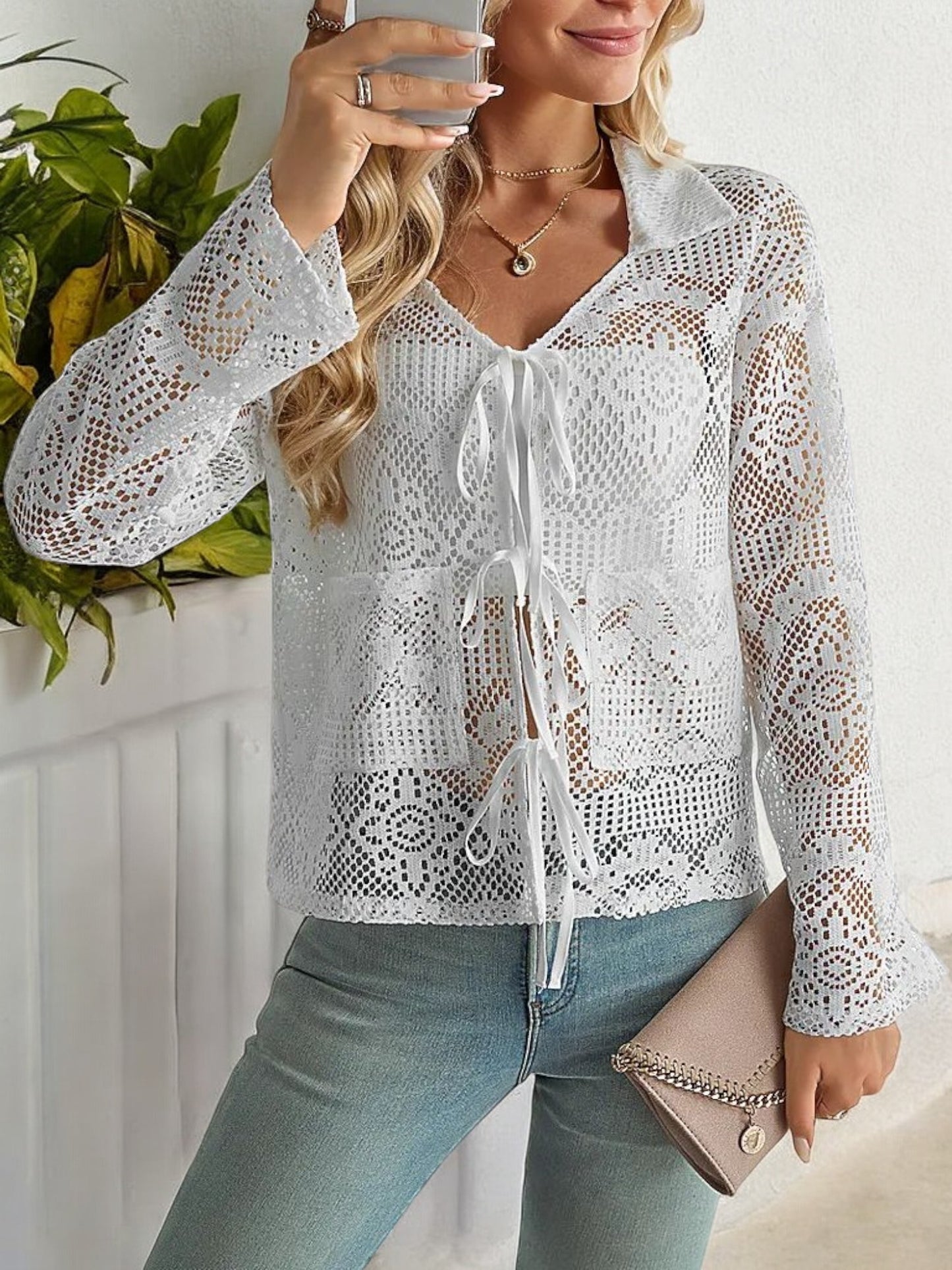 Crochet Lace Tie-Front Blouse with Long Sleeves and Open Knit Design
