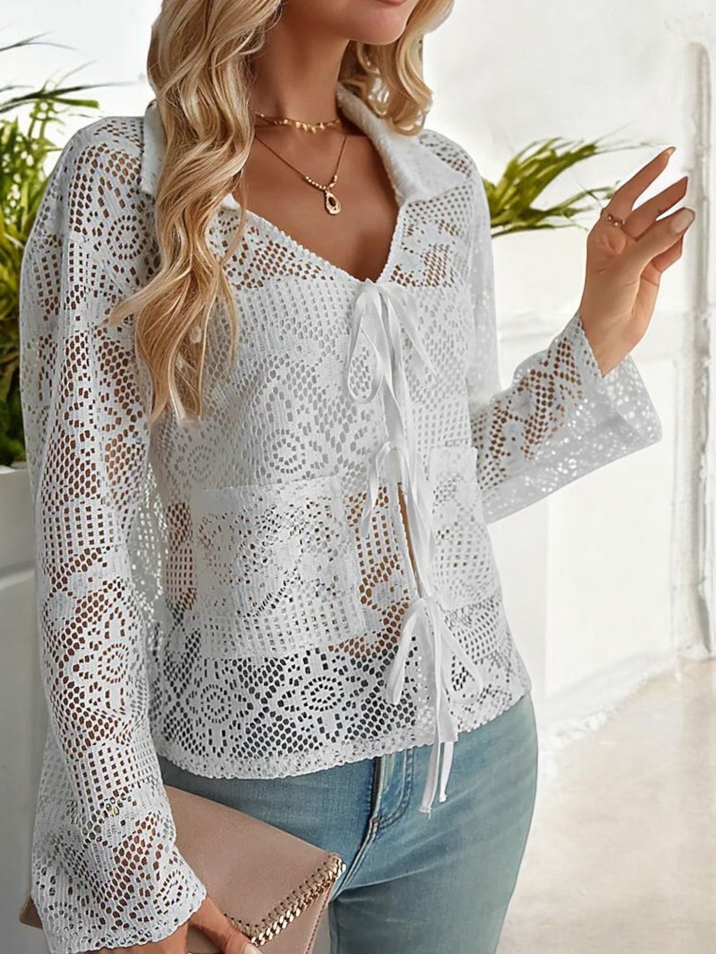 Crochet Lace Tie-Front Blouse with Long Sleeves and Open Knit Design