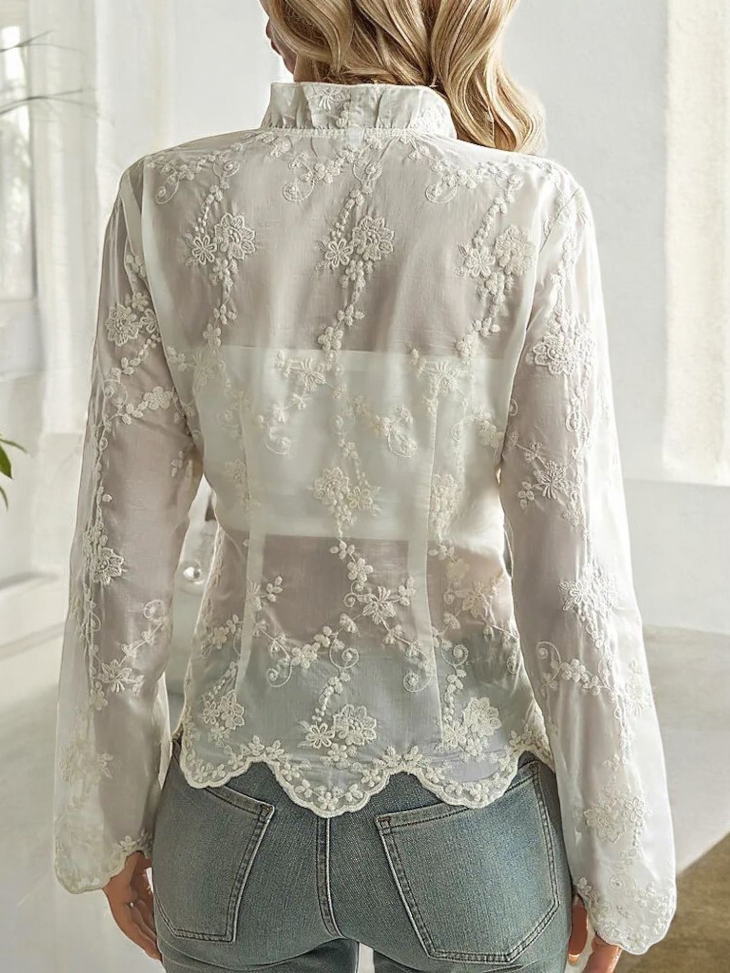 Sheer Lace Blouse with Ribbon Tie Detail and Scalloped Hem