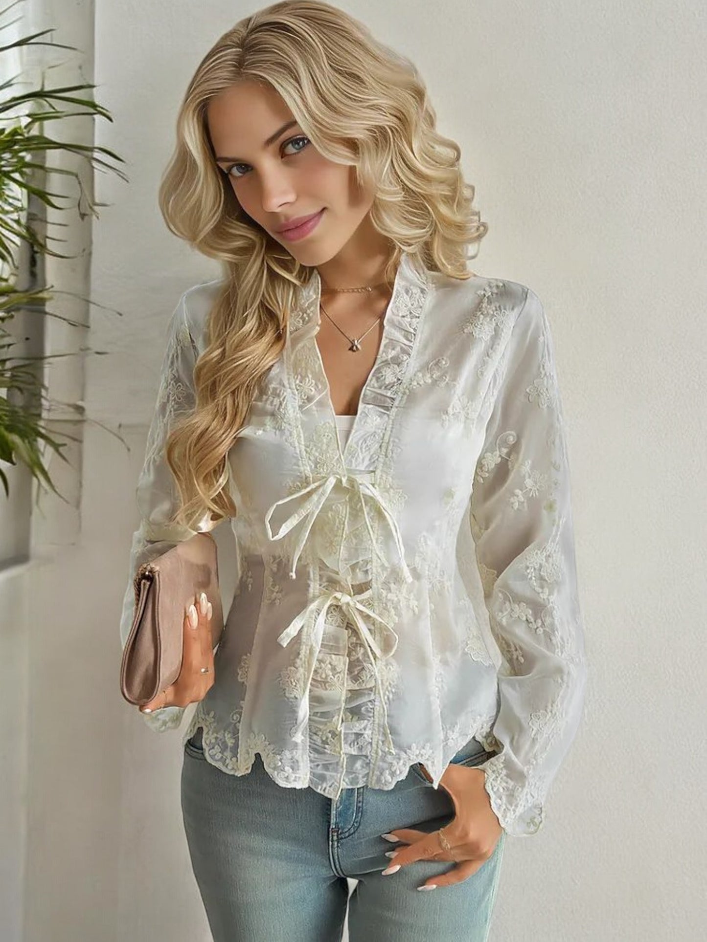 Sheer Lace Blouse with Ribbon Tie Detail and Scalloped Hem