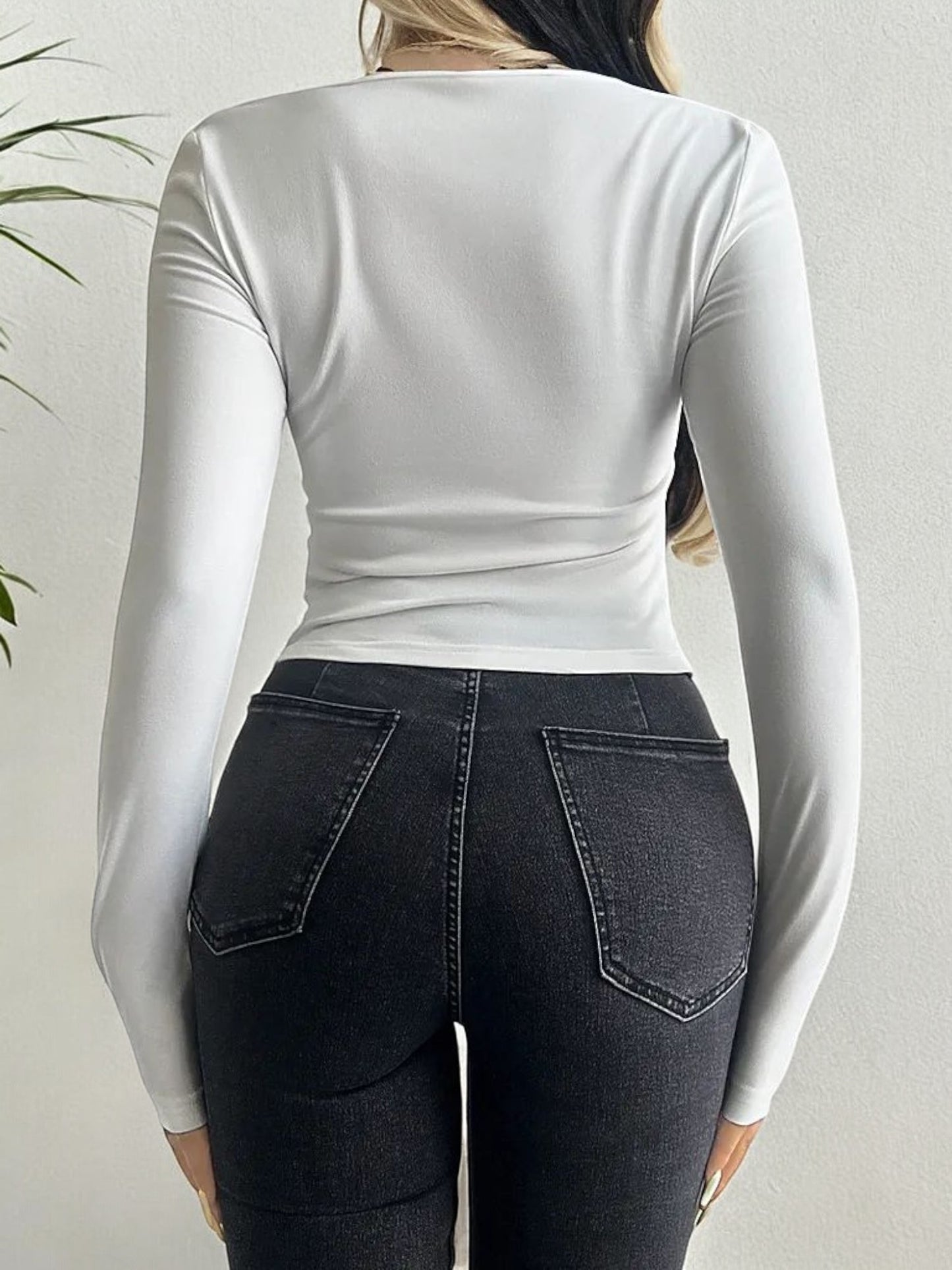 Long Sleeve Tie-Front Ruched Top with Square Neckline and Flared Cuffs