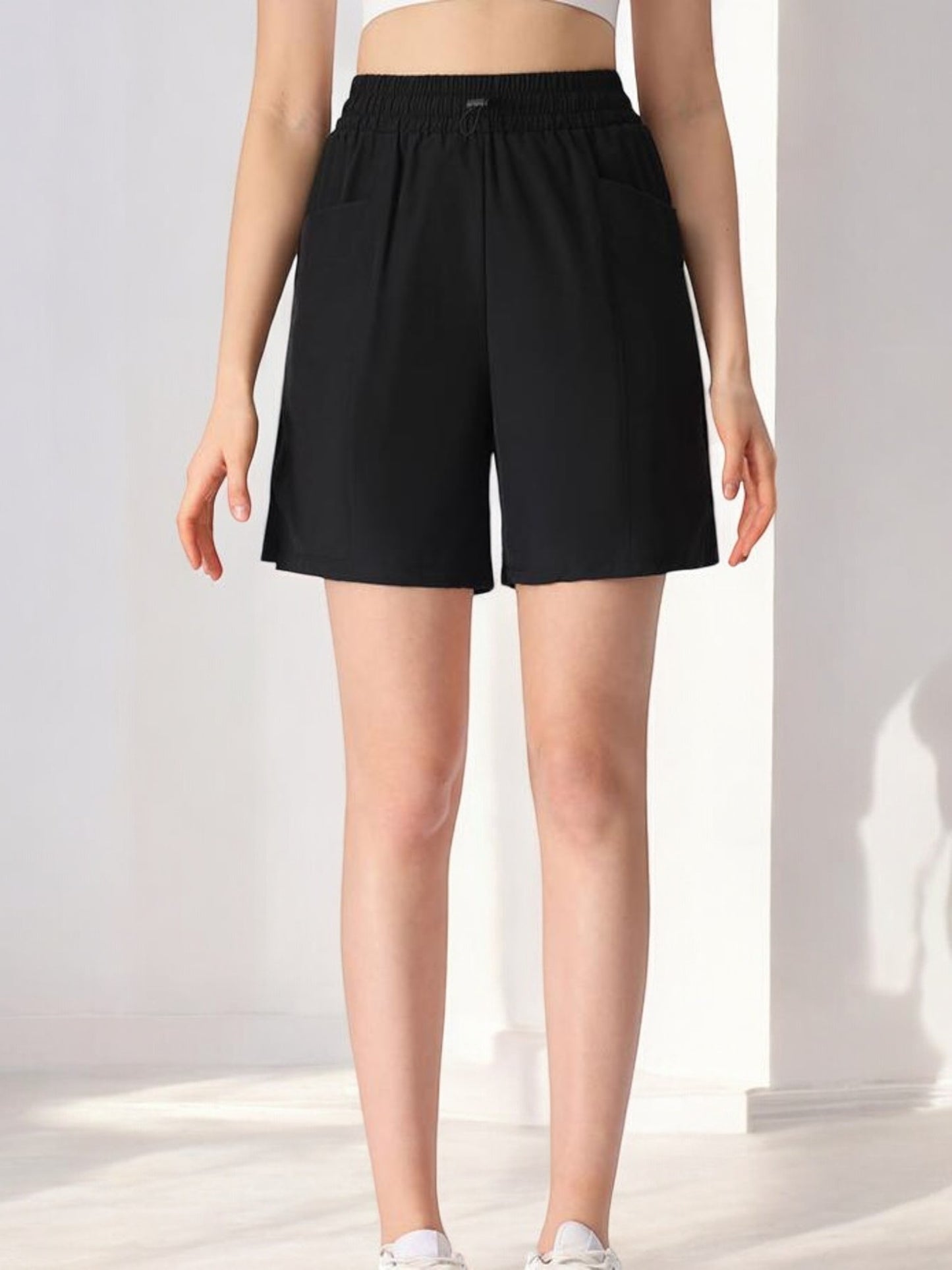 High Waist Drawstring Athletic Shorts with Relaxed Fit and Side Pockets