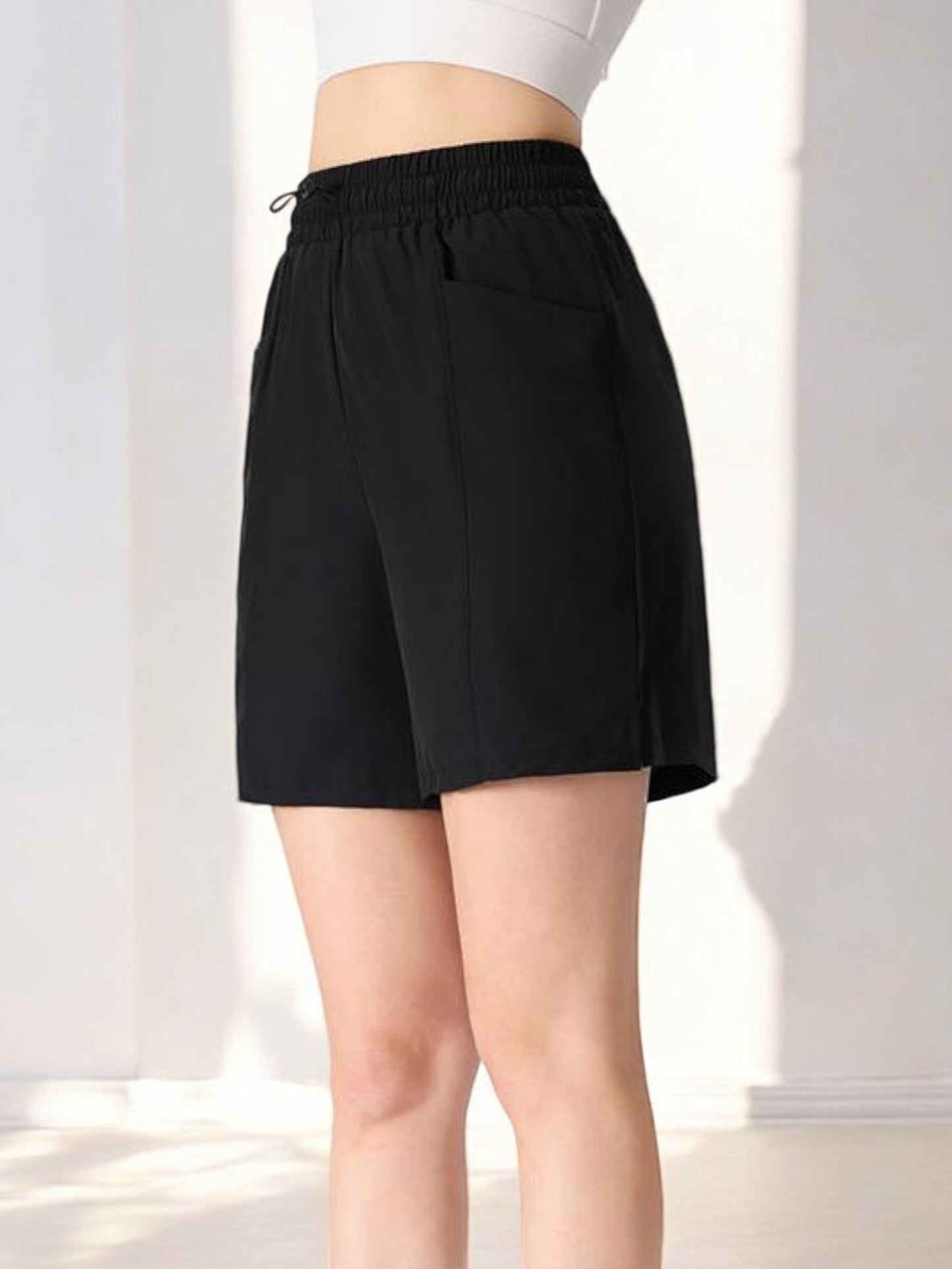 High Waist Drawstring Athletic Shorts with Relaxed Fit and Side Pockets
