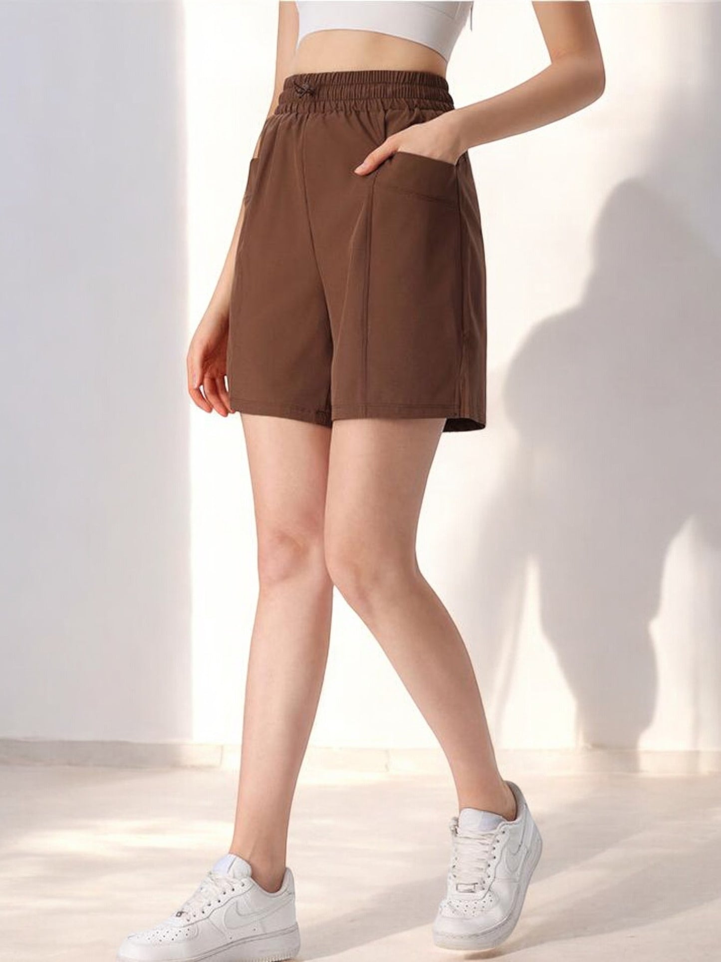 High Waist Drawstring Athletic Shorts with Relaxed Fit and Side Pockets