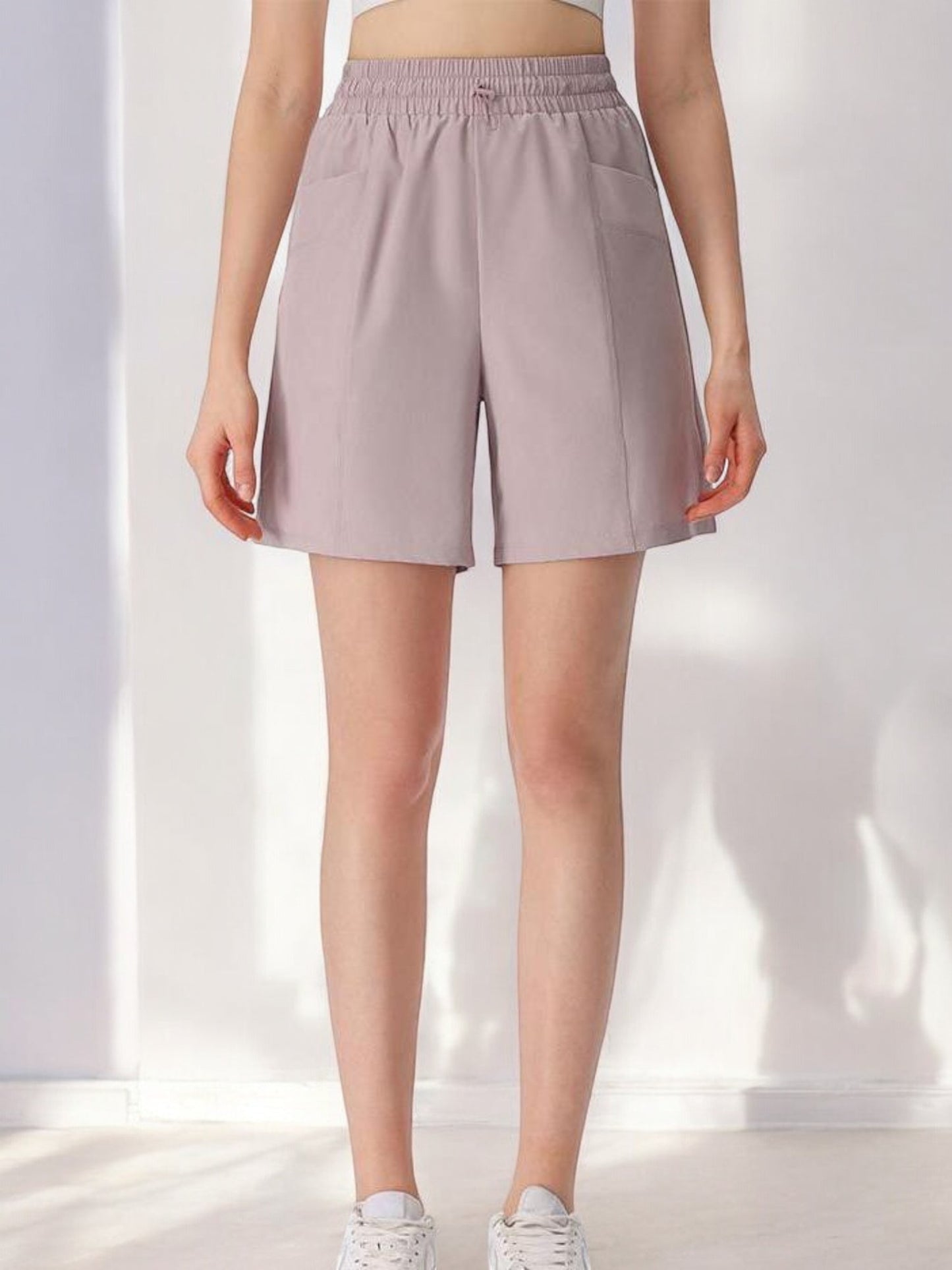 High Waist Drawstring Athletic Shorts with Relaxed Fit and Side Pockets