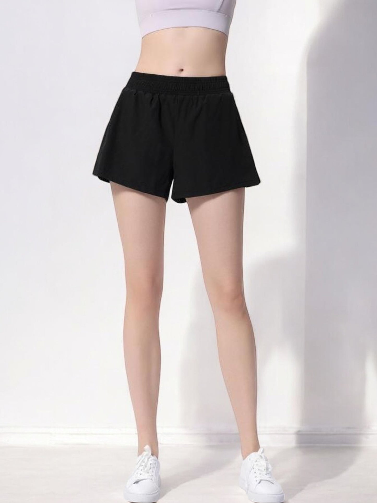 High Waist Elastic Active Sports Shorts with Overlapping Hem Design